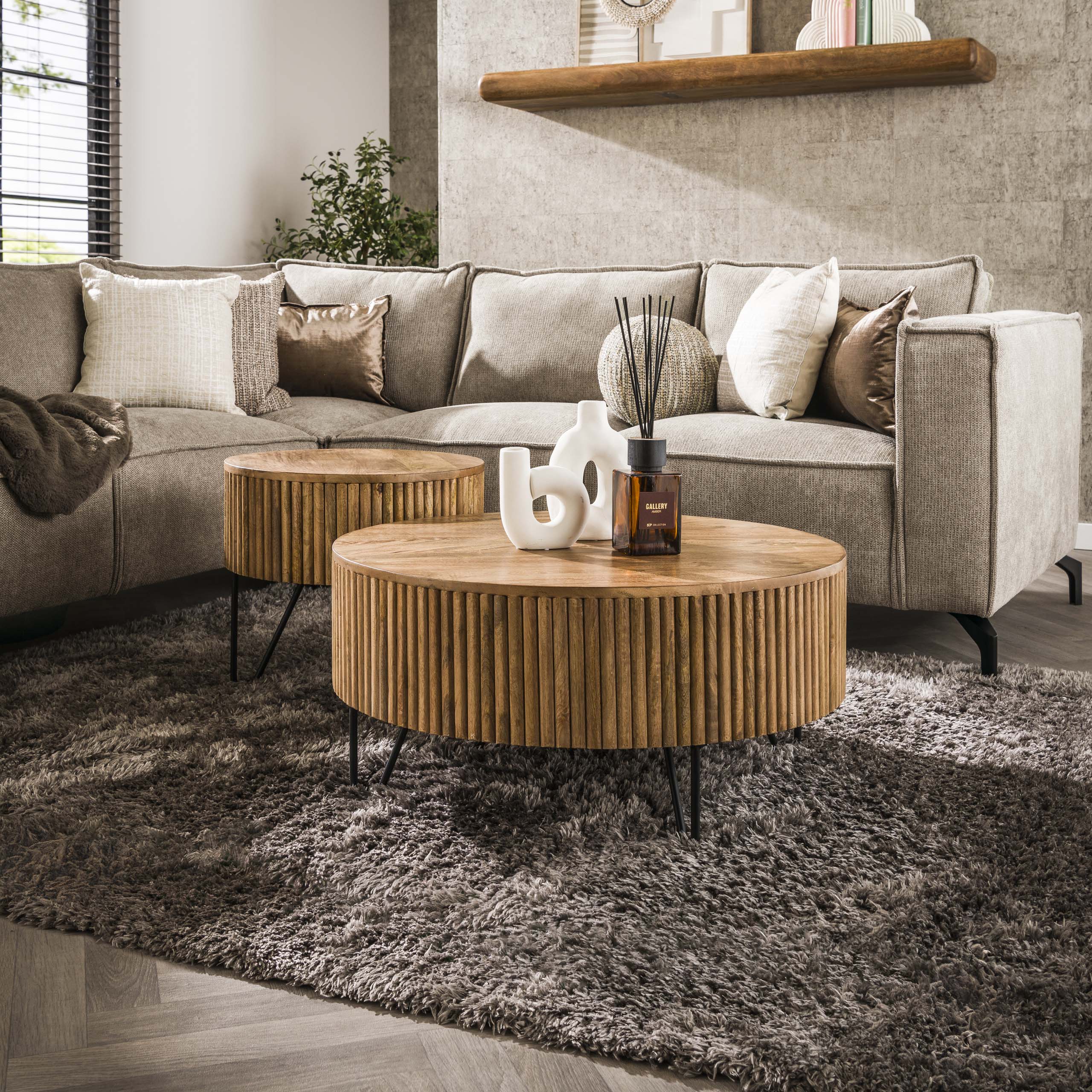 Salontafel Wave | Rond | Set van 2 | Massief mango zand