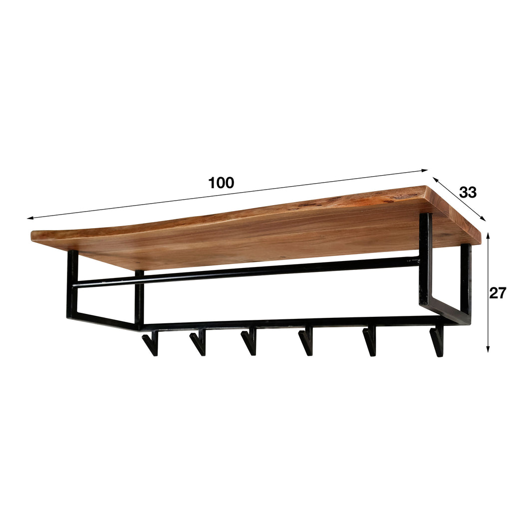 Kapstok Edge | Hoedenplank + Roede | 6 Haken Acacia