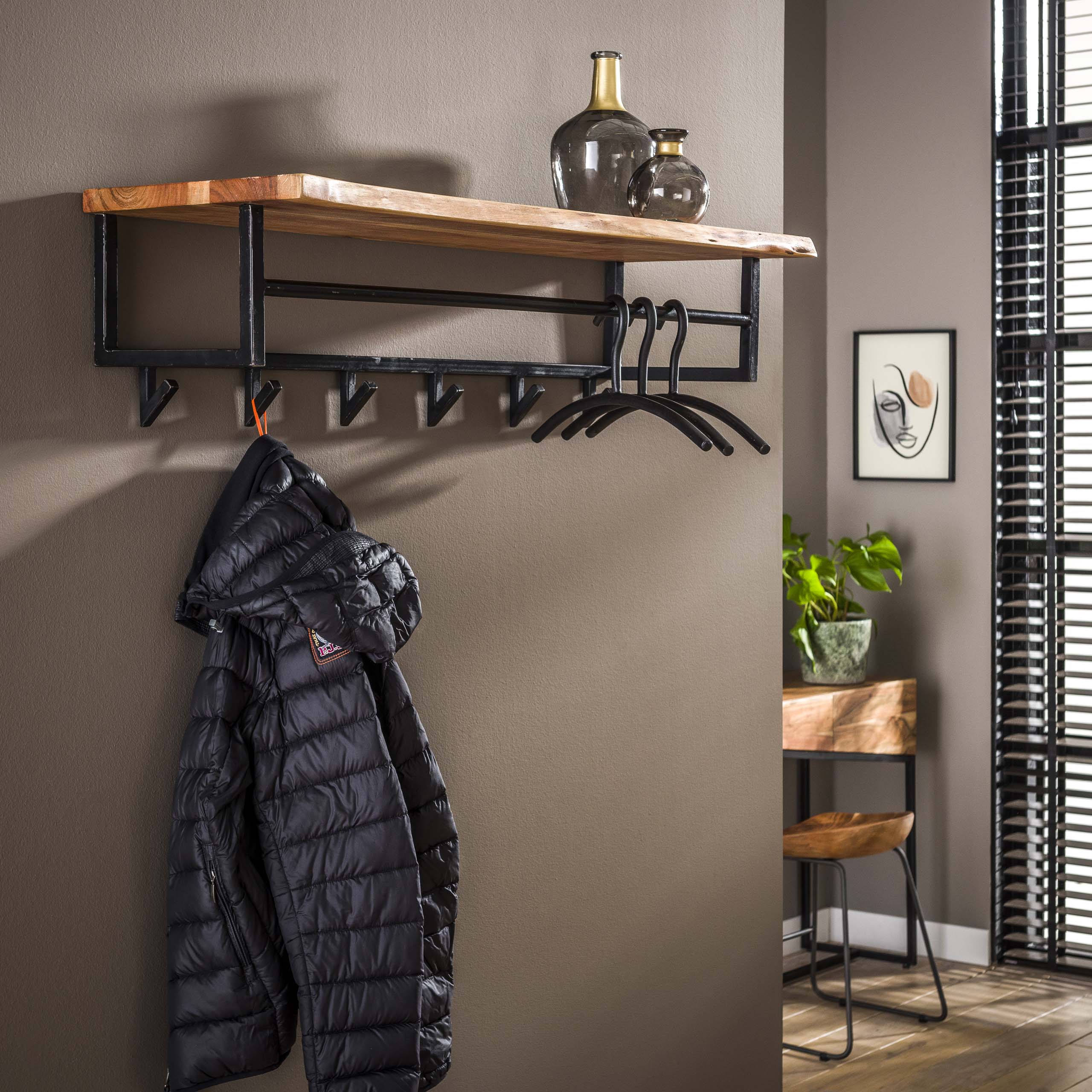 Kapstok Edge | Hoedenplank + Roede | 6 Haken Acacia
