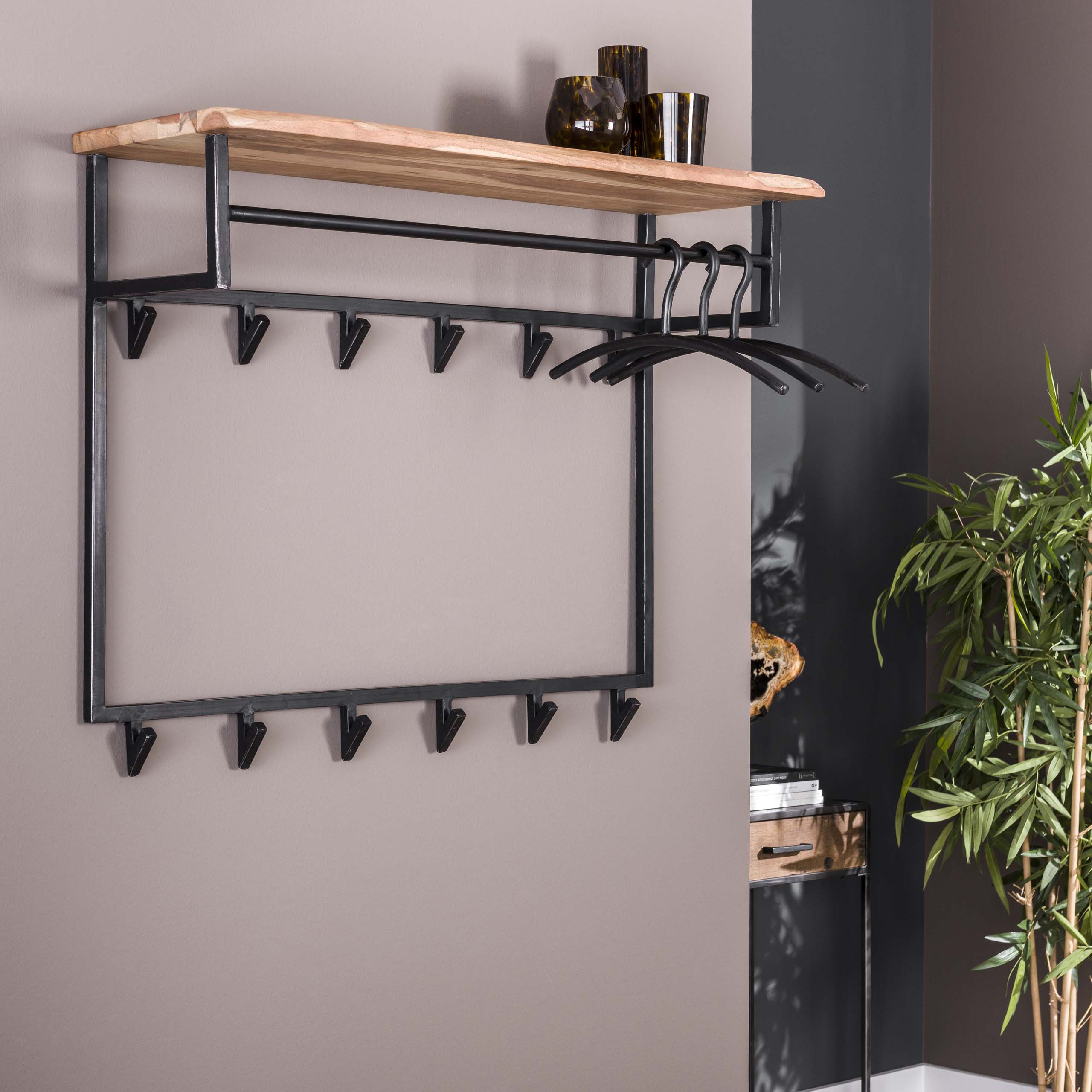 Kapstok Edge | Hoedenplank 12 haken | Massief acacia
