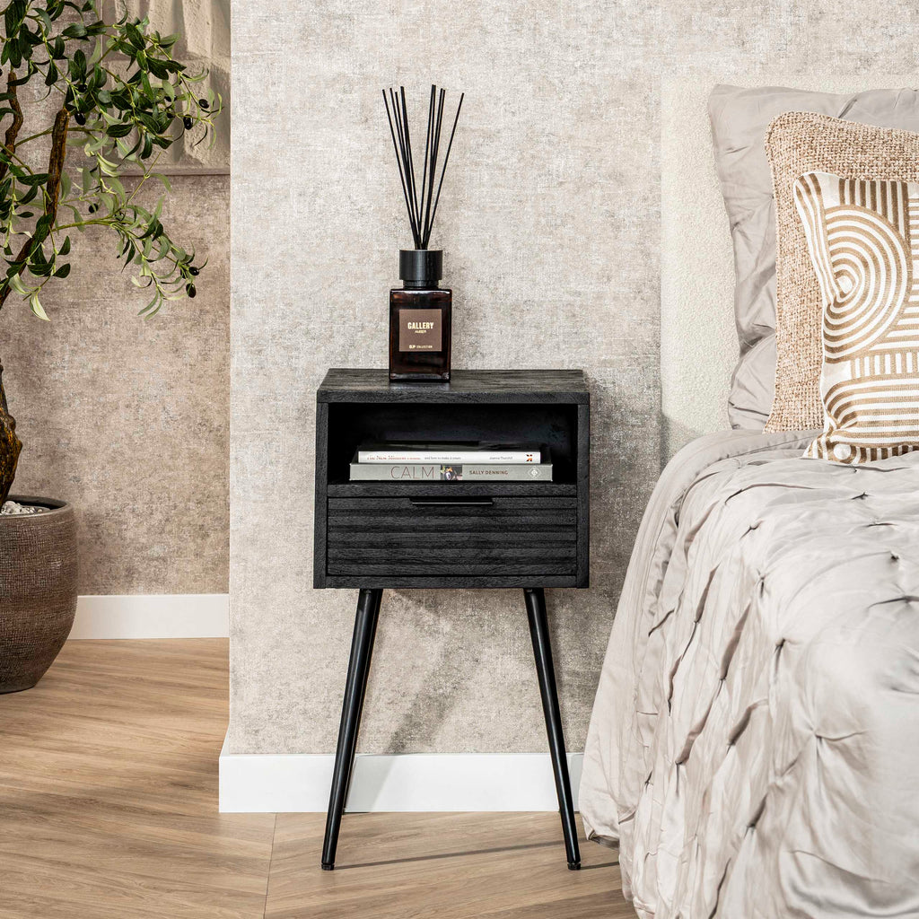 Nachtkastje Marina | 1 Lade | Massief mango zwart