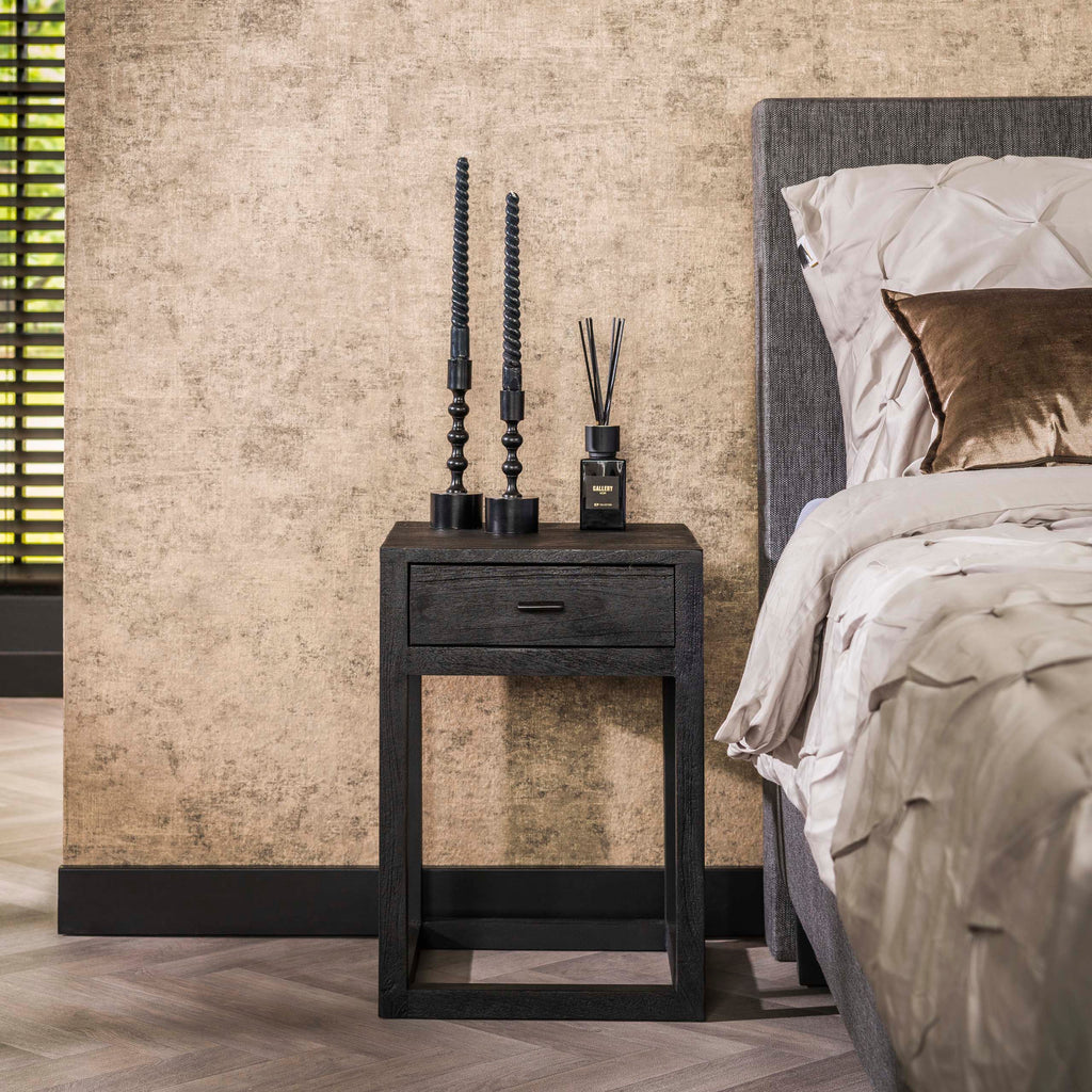 Nachtkastje Black Square | 1 Lade | Massief mangohout zwart