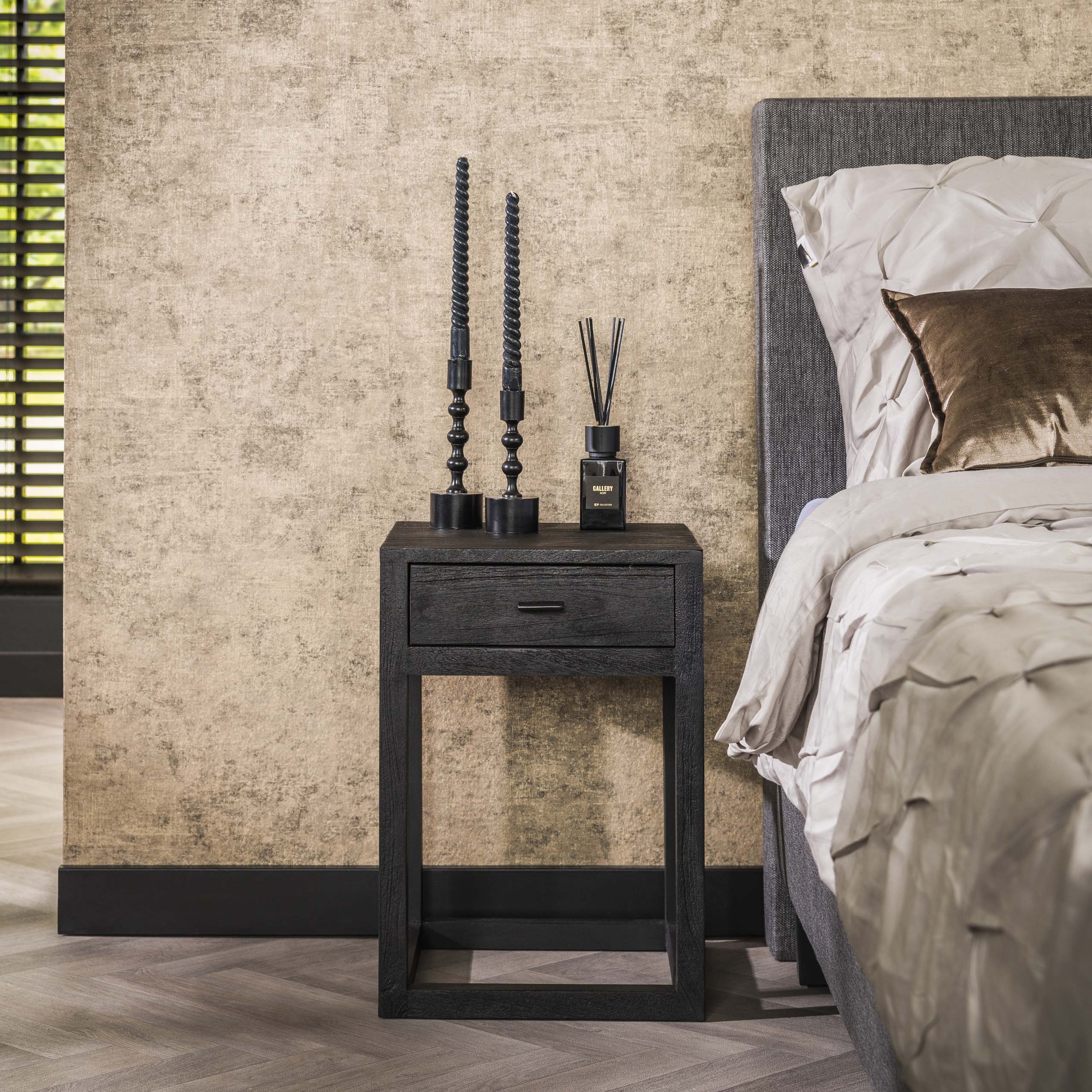 Nachtkastje Black Square | 1 Lade | Massief mangohout zwart