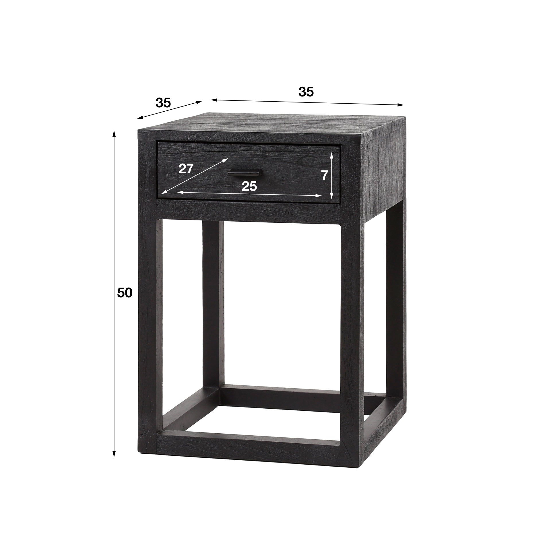 Nachtkastje Black Square | 1 Lade | Massief mangohout zwart