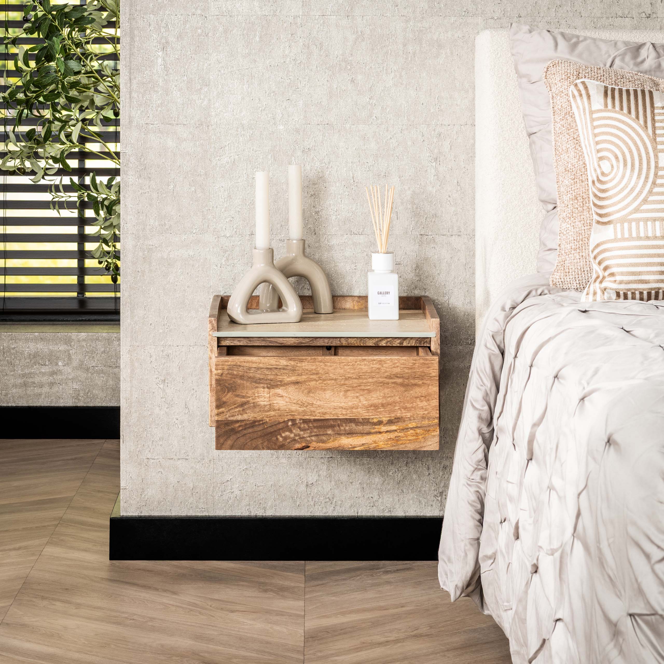 Nachtkastje Nuovo | Zwevend | 1 Lade | Massief mango zand