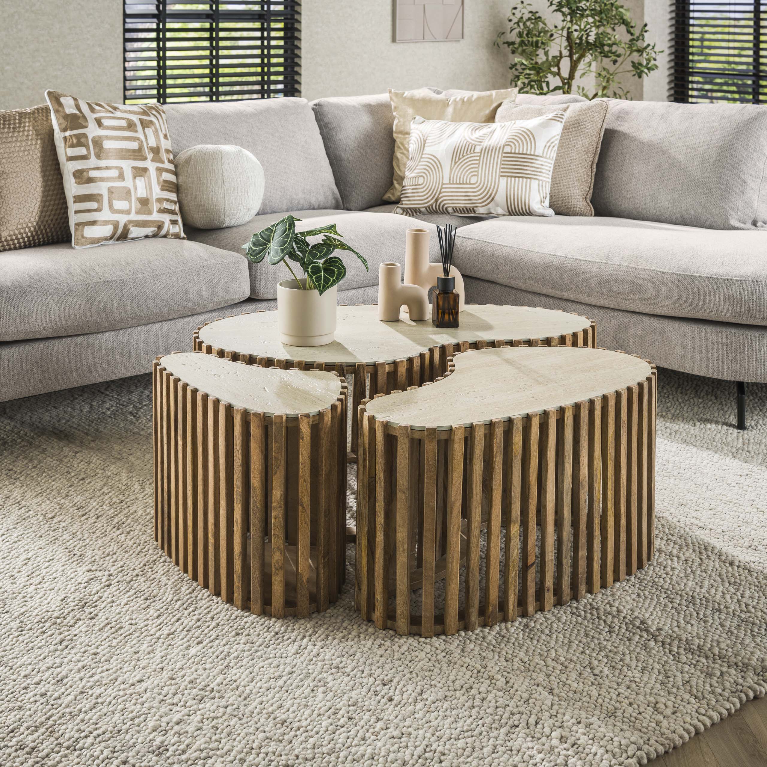 Salontafel Nuovo | Niervorm | Set van 3 | Massief mango zand