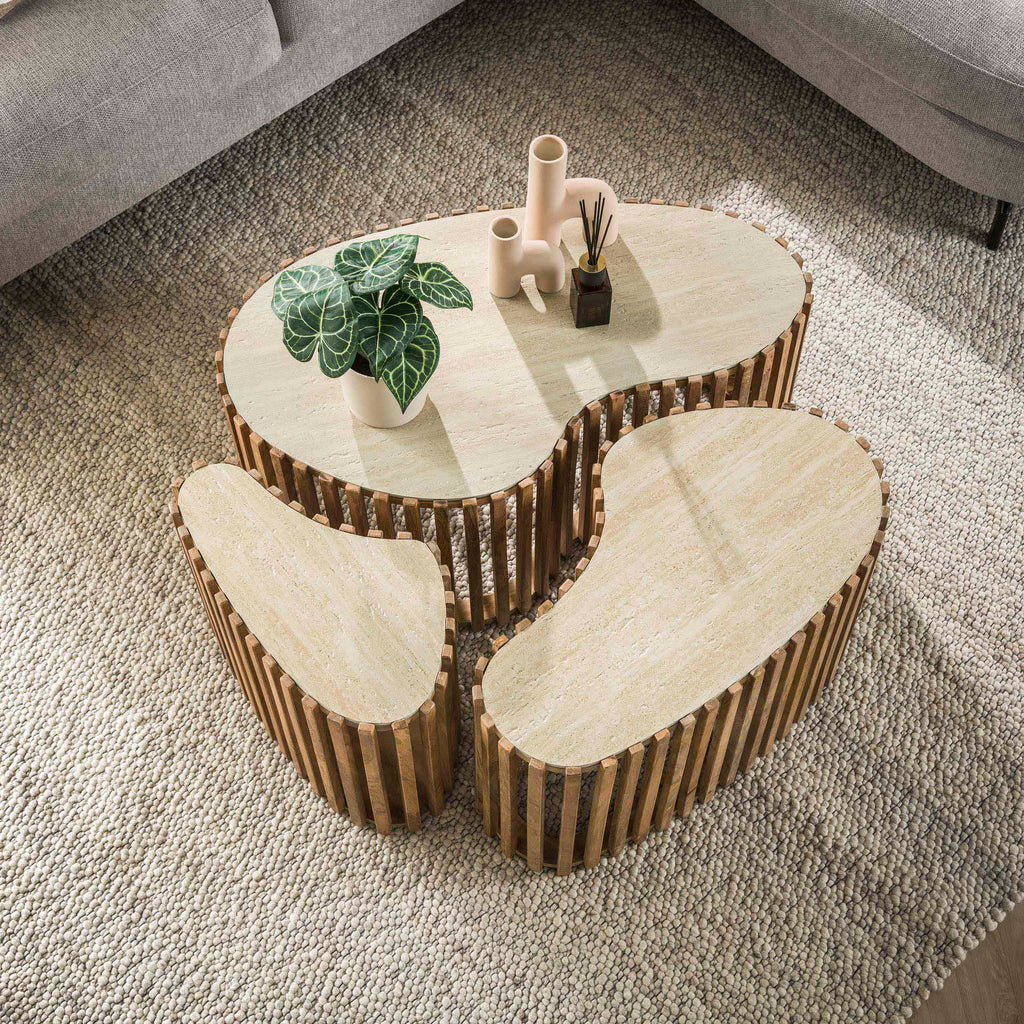 Salontafel Nuovo | Niervorm | Set van 3 | Massief mango zand