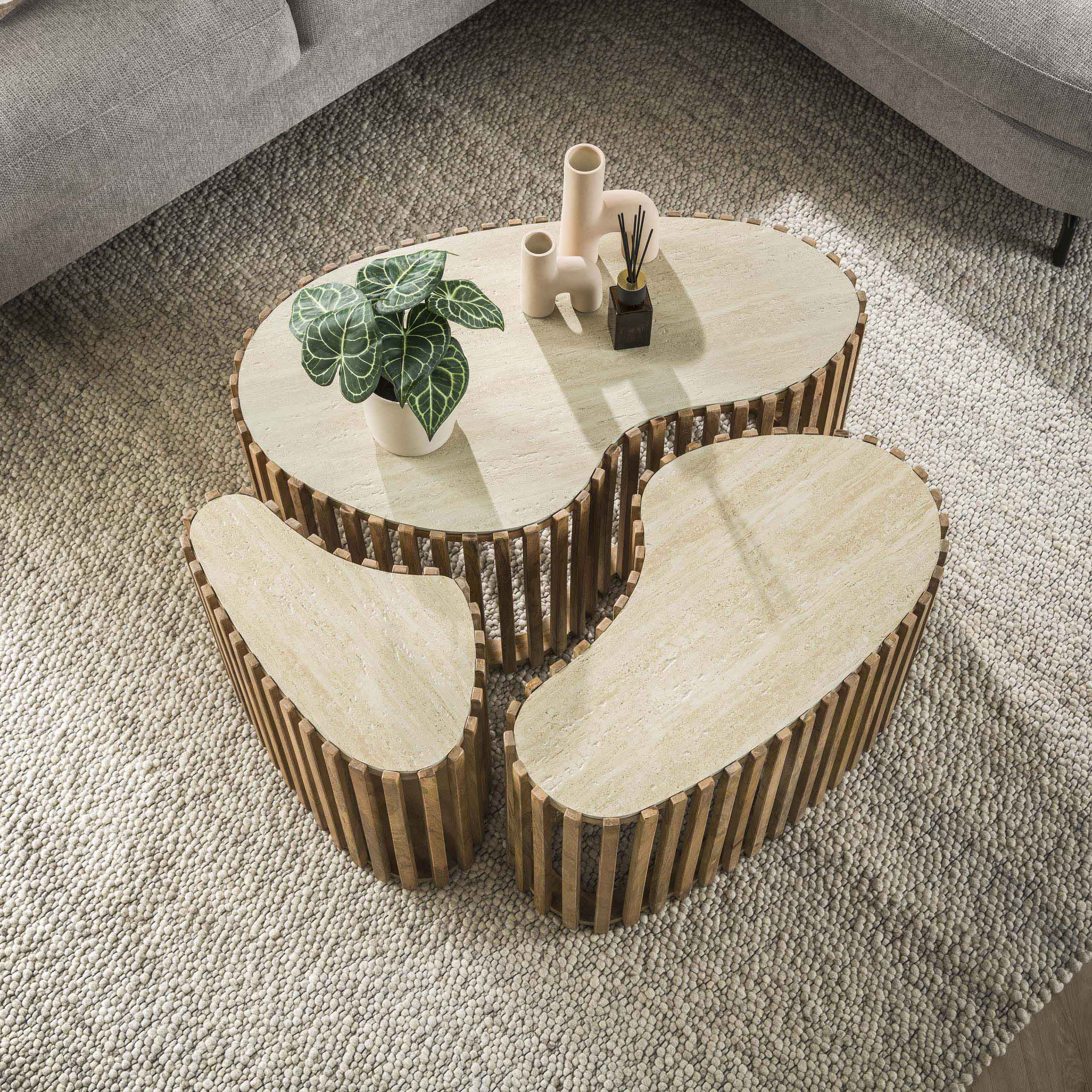 Salontafel Nuovo | Niervorm | Set van 3 | Massief mango zand