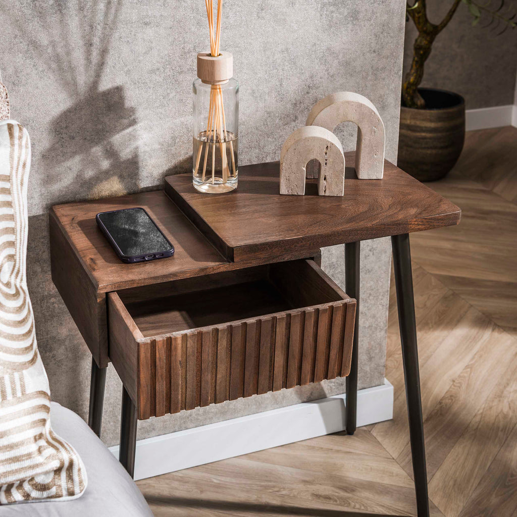 Nachtkastje Carve | 1 Lade Rechts | Massief acacia bruin