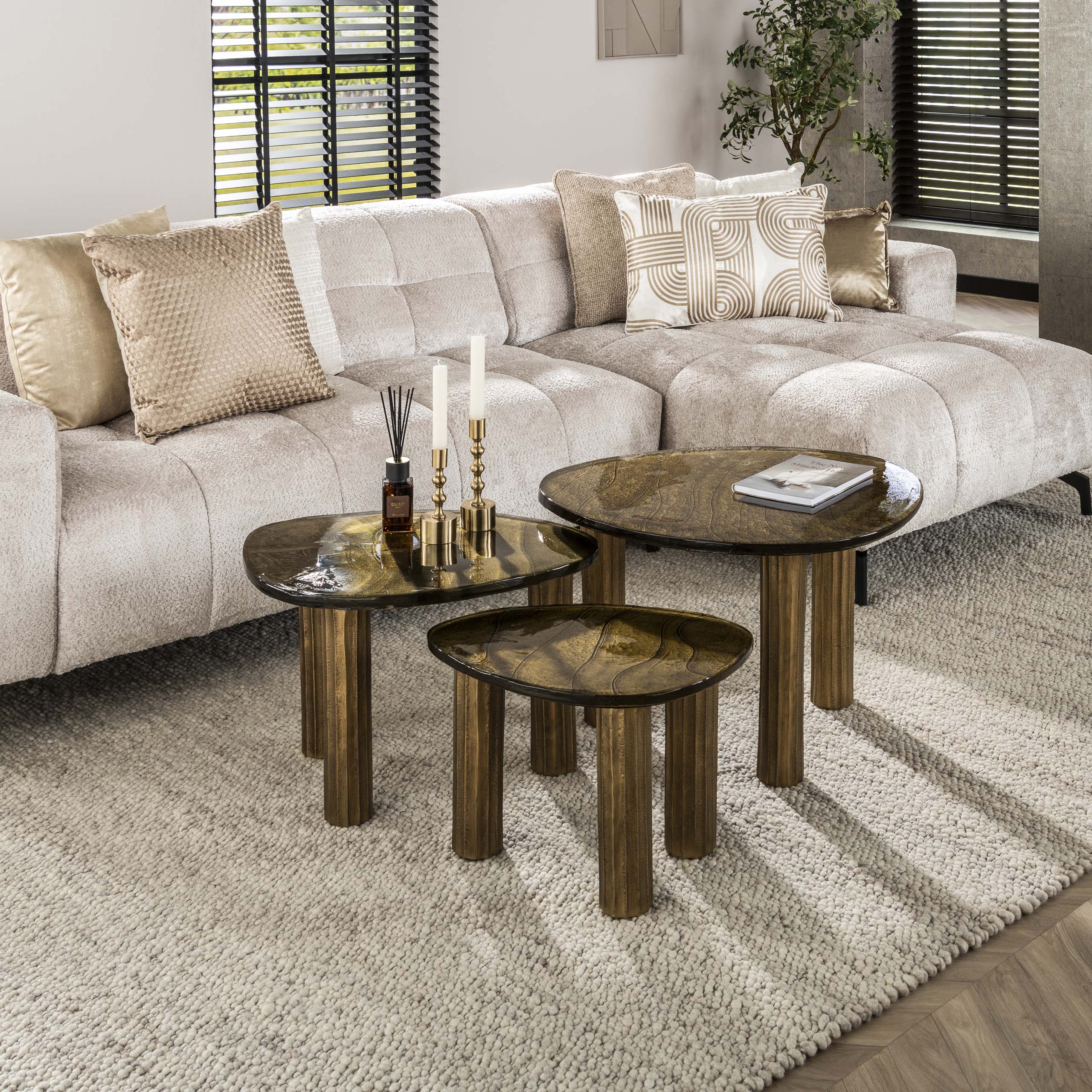 Salontafel Eclipse L | Gegoten glas | Antiek goud