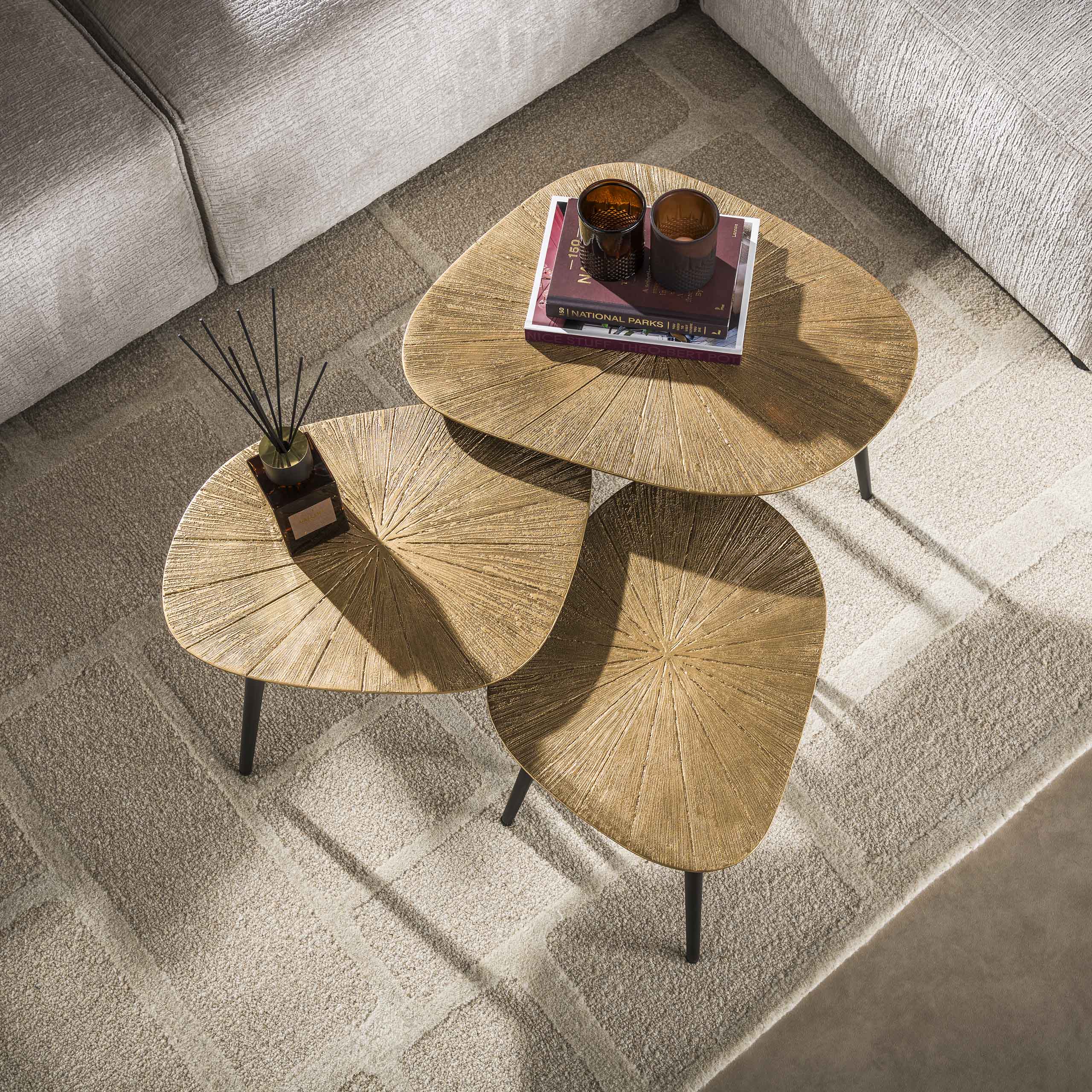 Salontafel Ray vierhoekig | Set van 3 | Antiek goud