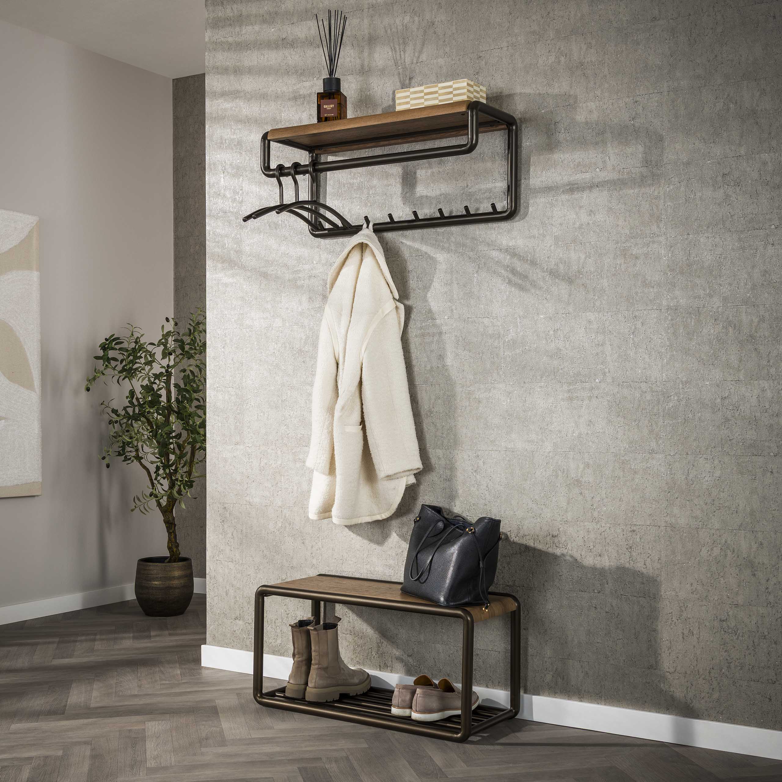 Kapstok Luno | Roede & Hoedenplank | 8 haken | Drift brown