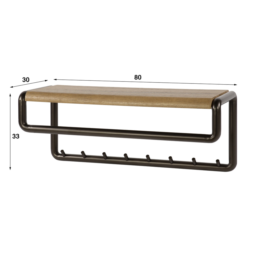 Kapstok Luno | Roede & Hoedenplank | 8 haken | Drift brown
