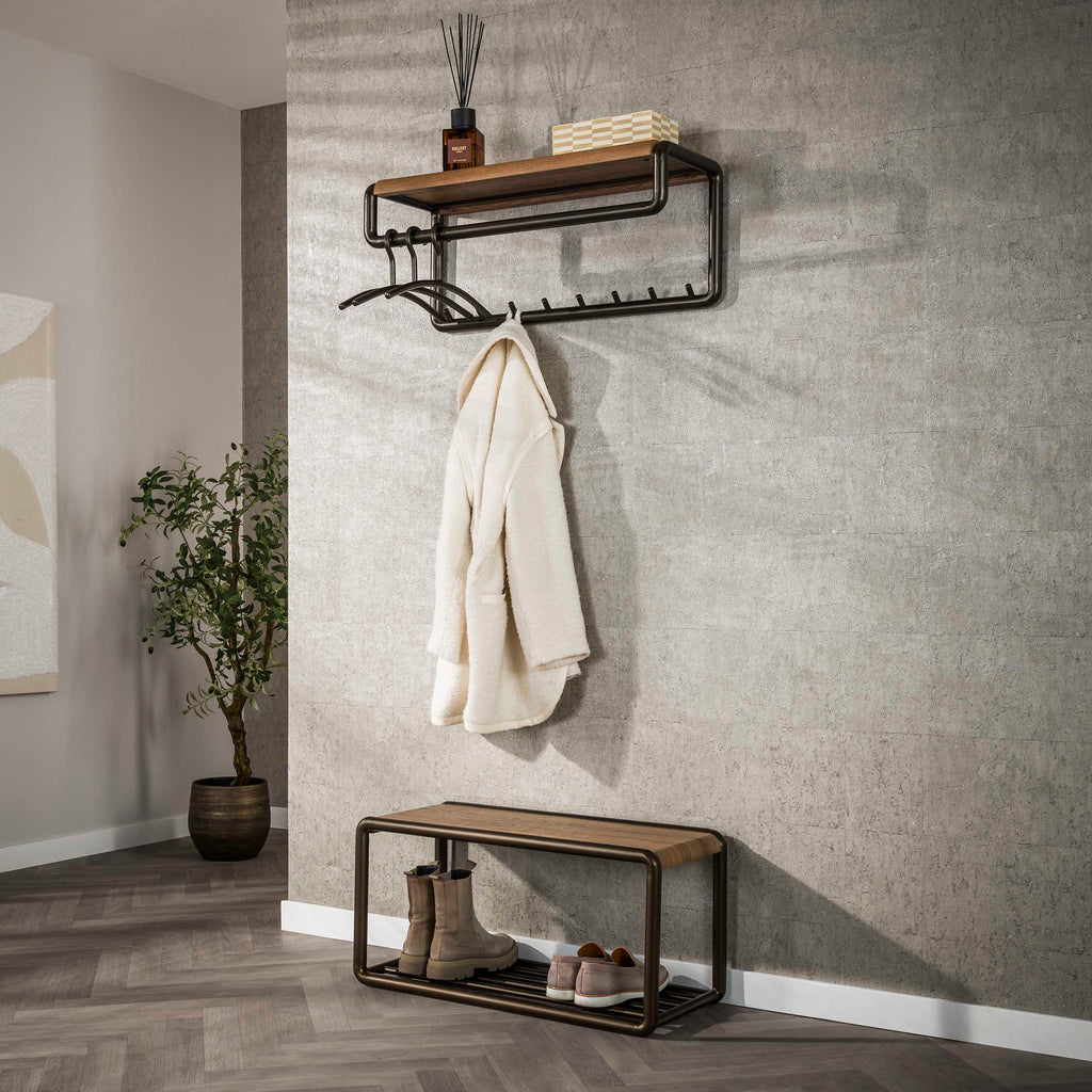 Kapstok Luno | Roede & Hoedenplank | 8 haken | Drift brown