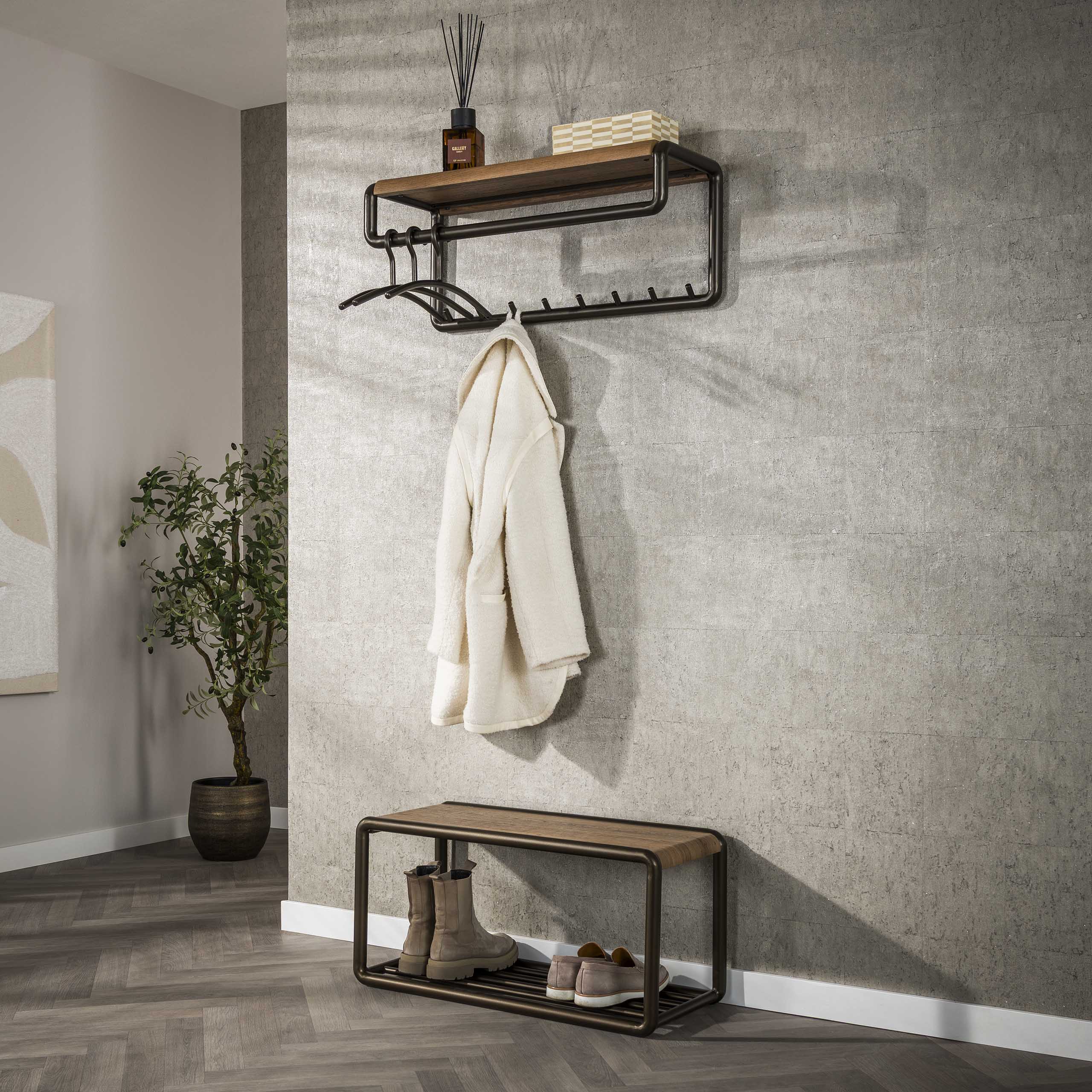 Kapstok Luno | Roede & Hoedenplank | 8 haken | Drift brown