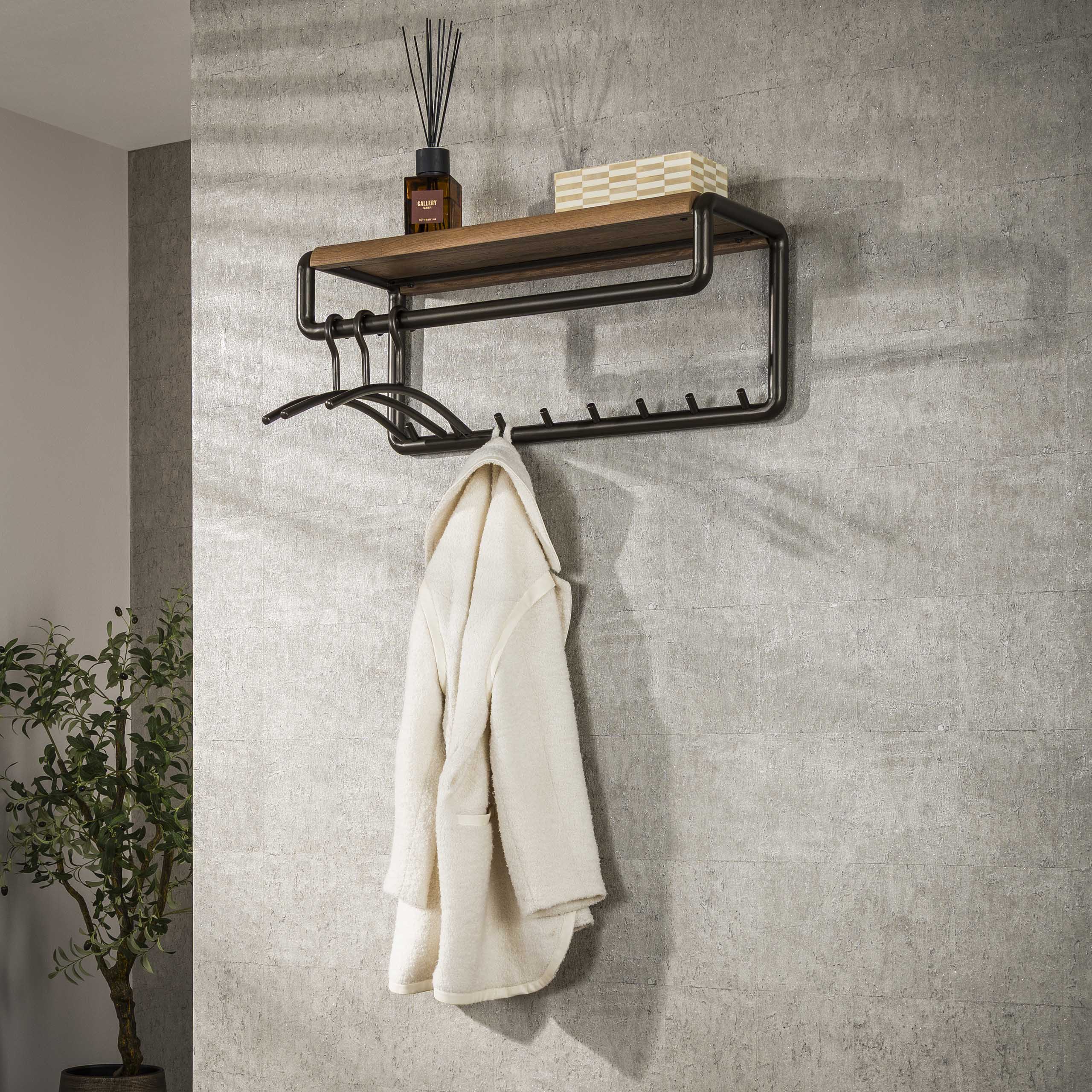 Kapstok Luno | Roede & Hoedenplank | 8 haken | Drift brown