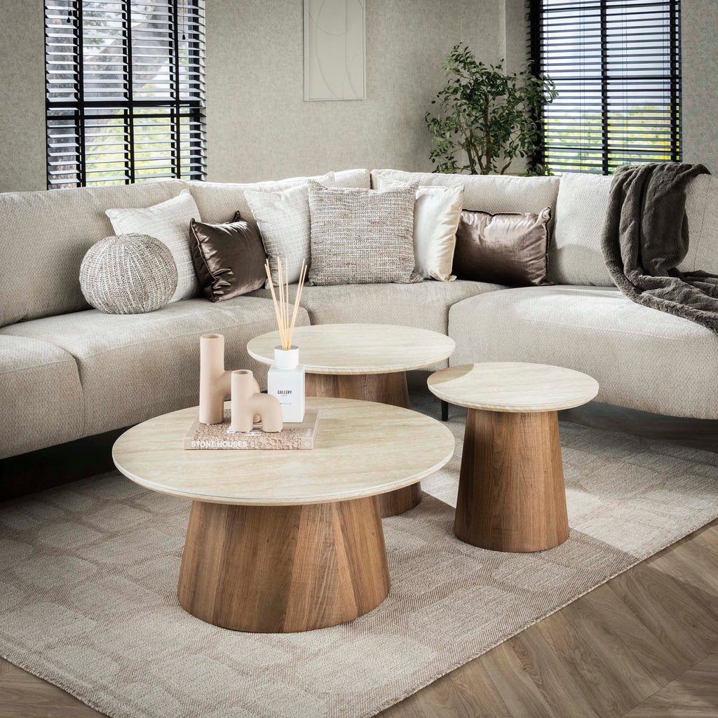 Salontafel Romano | Rond | Set van 3 | Keramiek Travertin