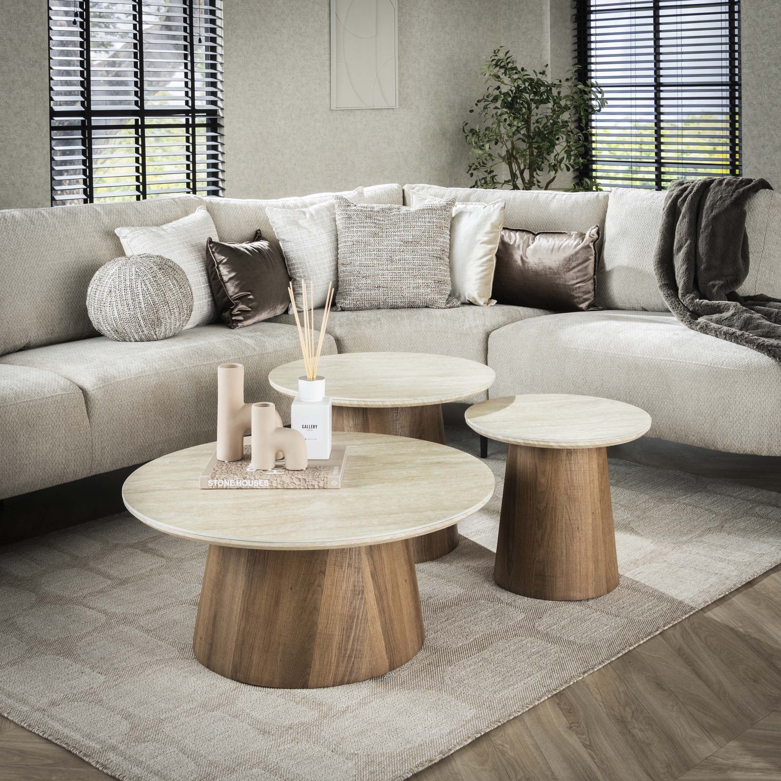 Salontafel Romano | Rond | Set van 3 | Keramiek Travertin