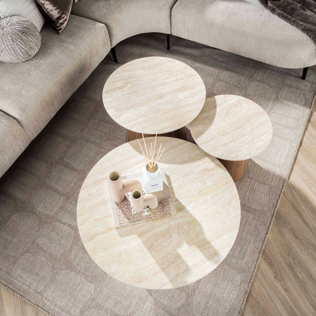 Salontafel Romano | Rond | Set van 3 | Keramiek Travertin