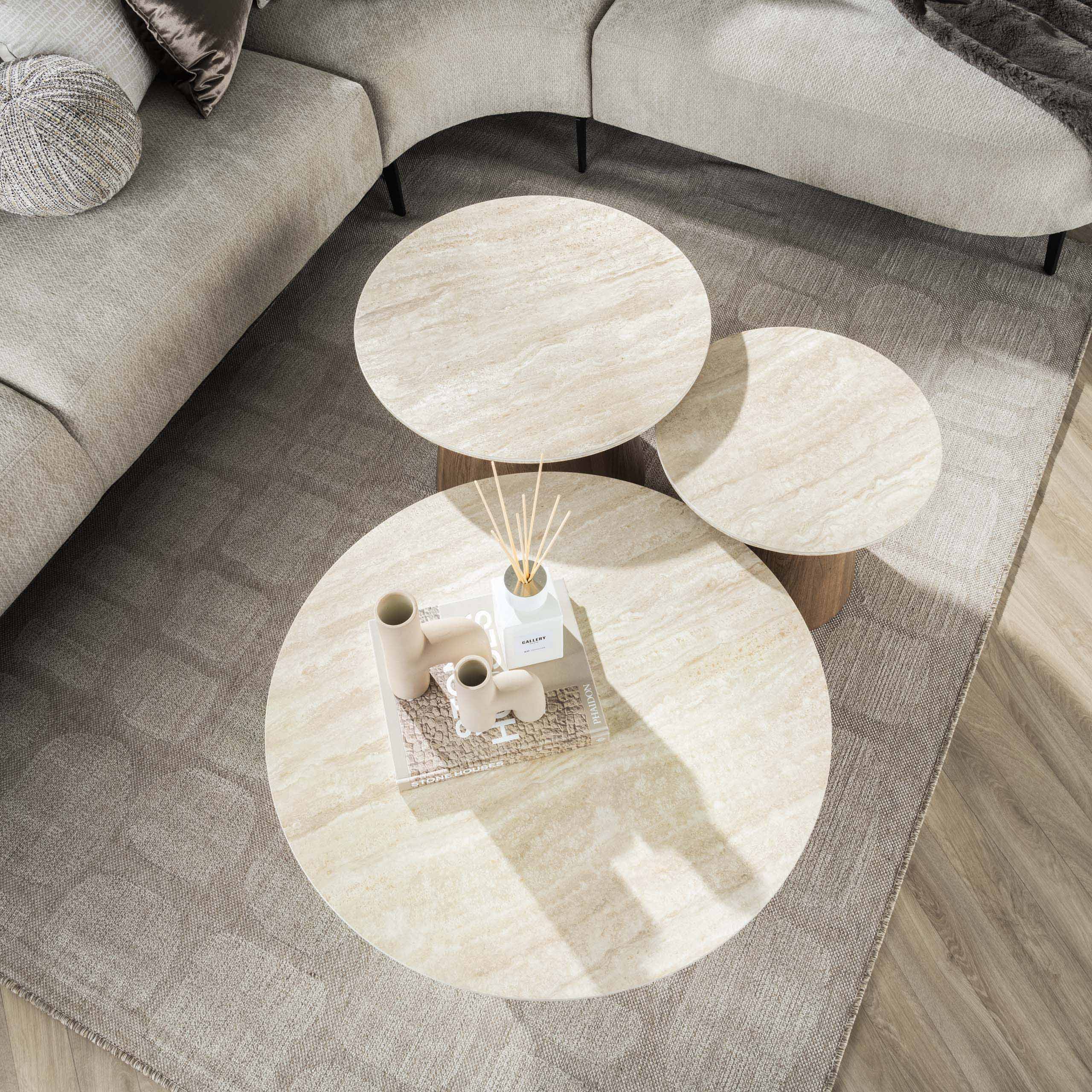 Salontafel Romano | Rond | Set van 3 | Keramiek Travertin