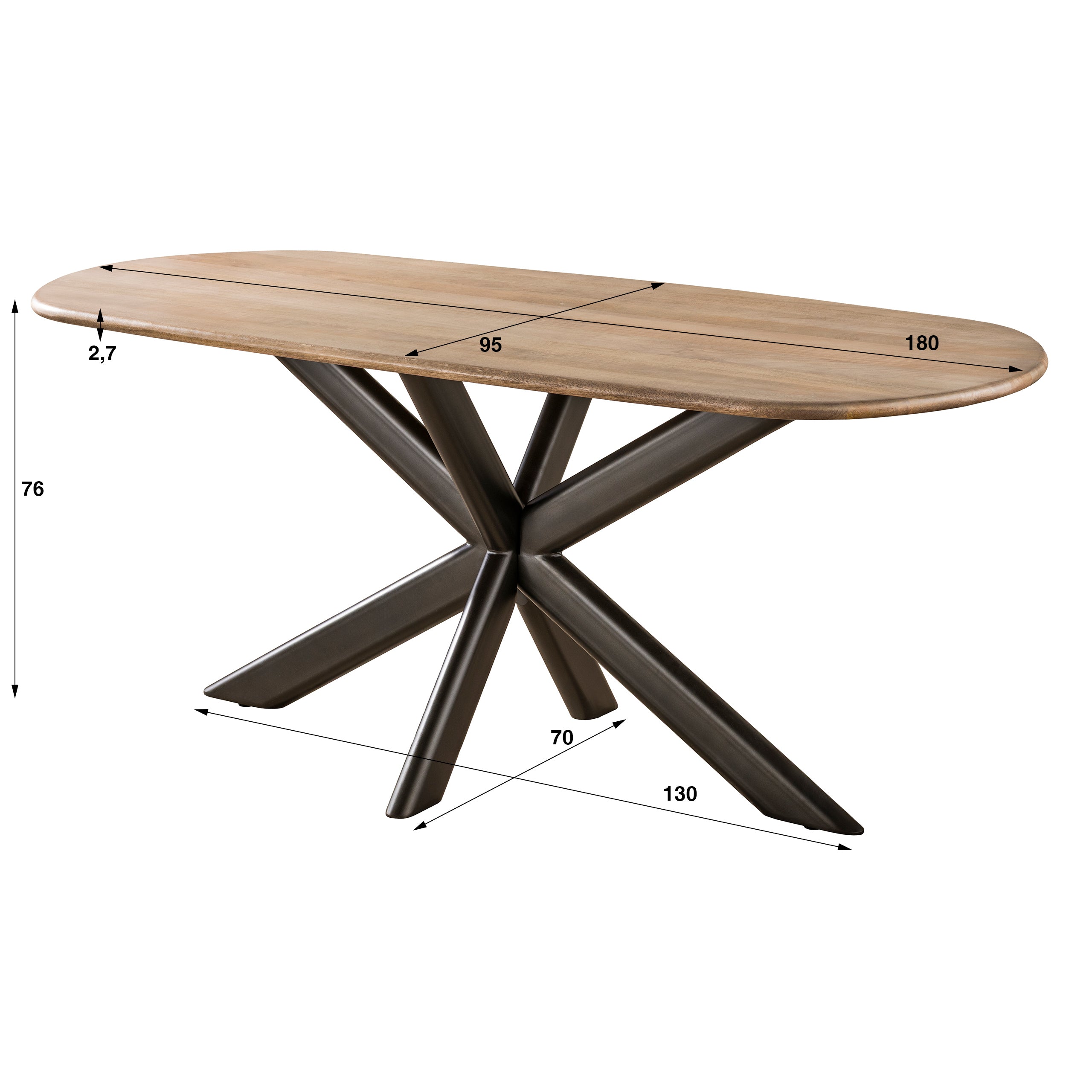 Eettafel Cliff | Ovale buis 180 cm | Massief mango zand