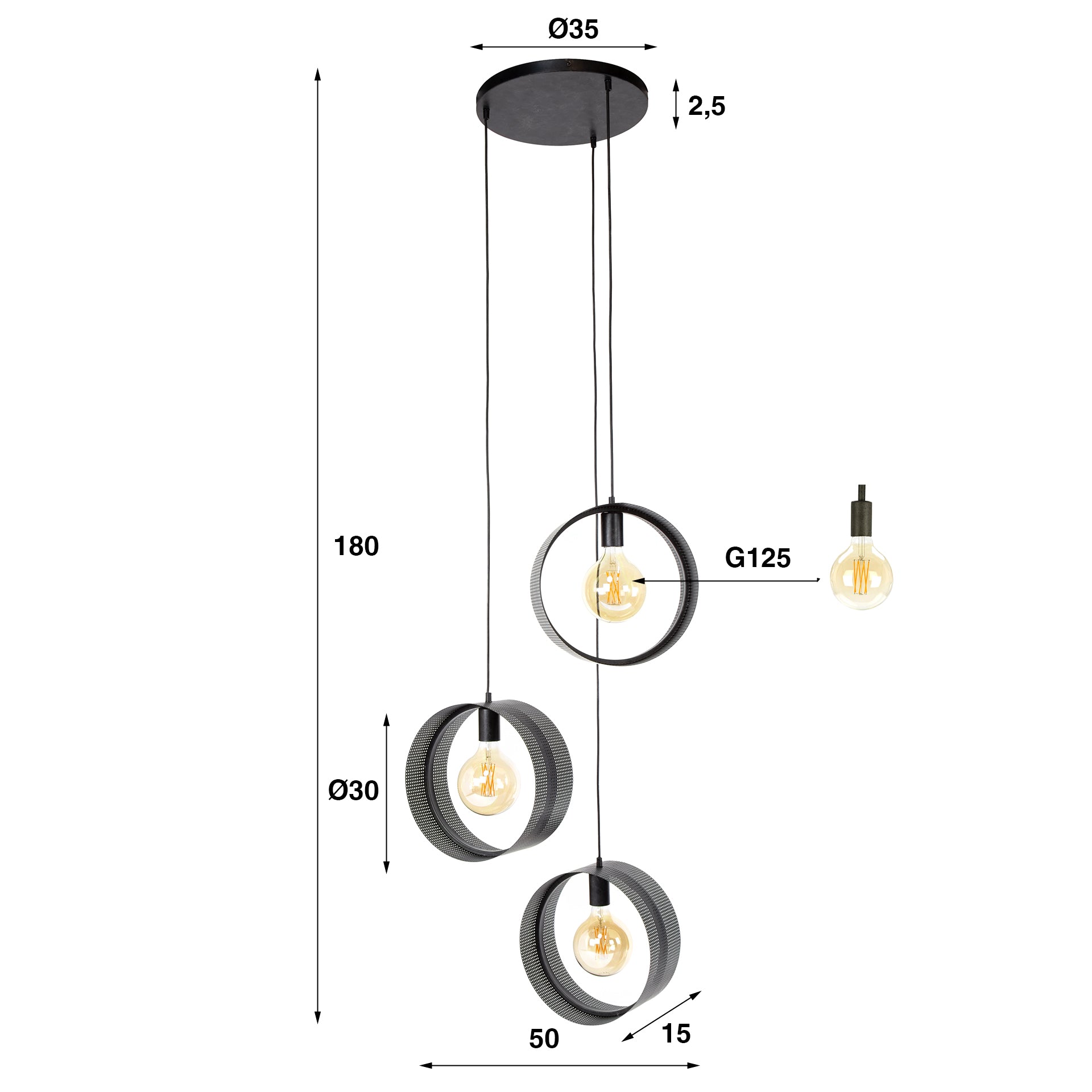Hanglamp Ring Mesh Getrapt | 3-Lichts | Charcoal