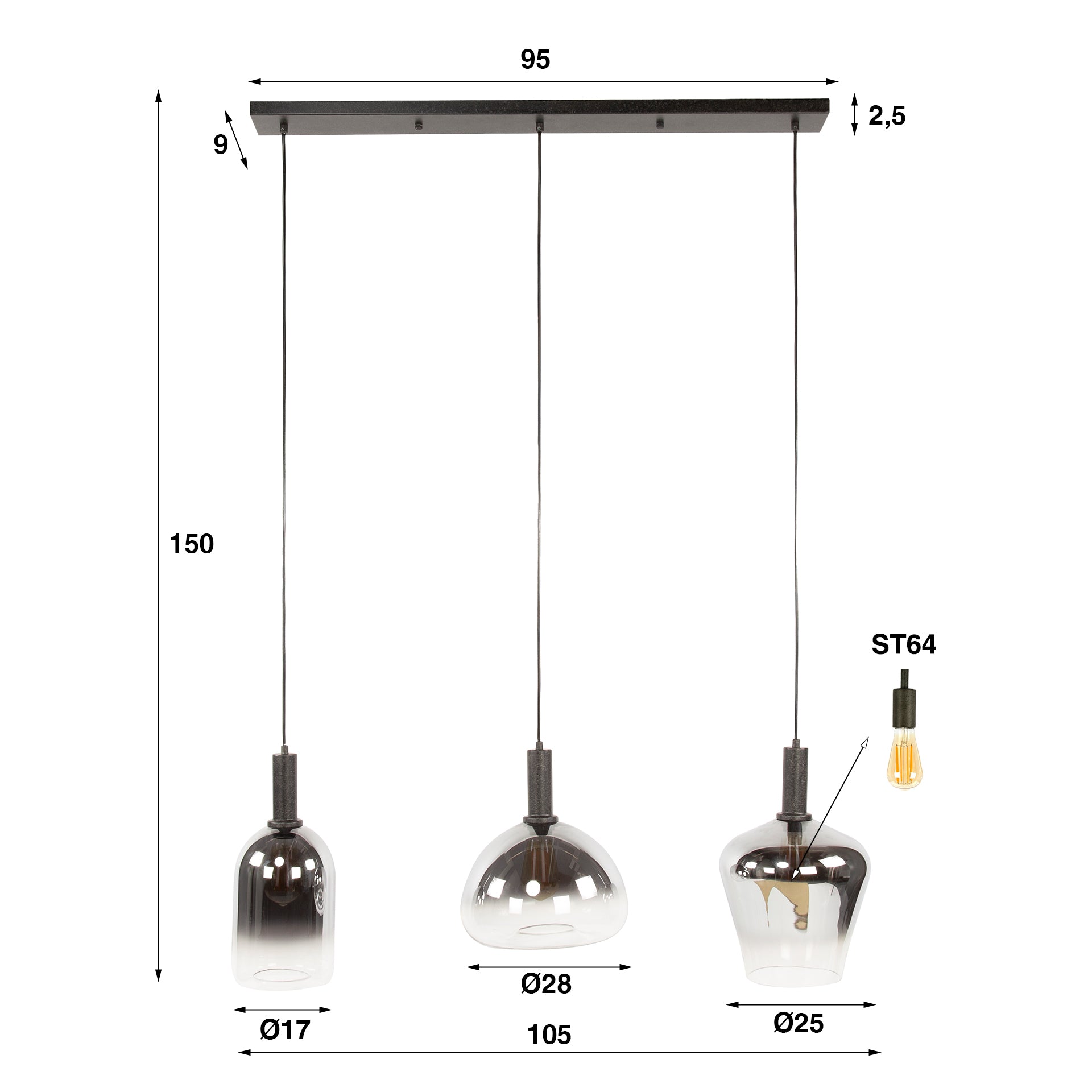 Hanglamp Zenith | 3-Lichts | Artic zwart
