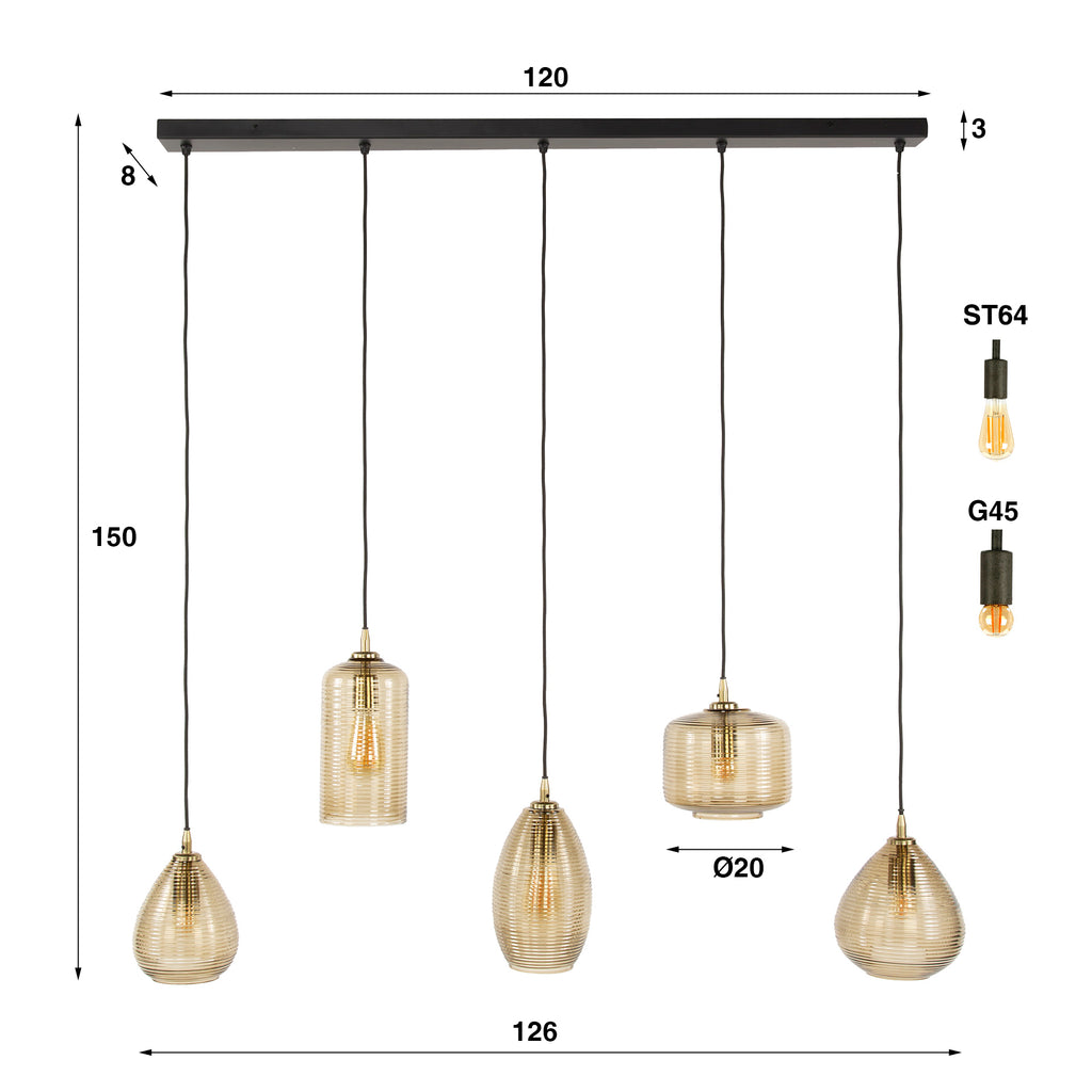 Hanglamp Stripe Horizontal | 5-Lichts | Smoke bruin glas