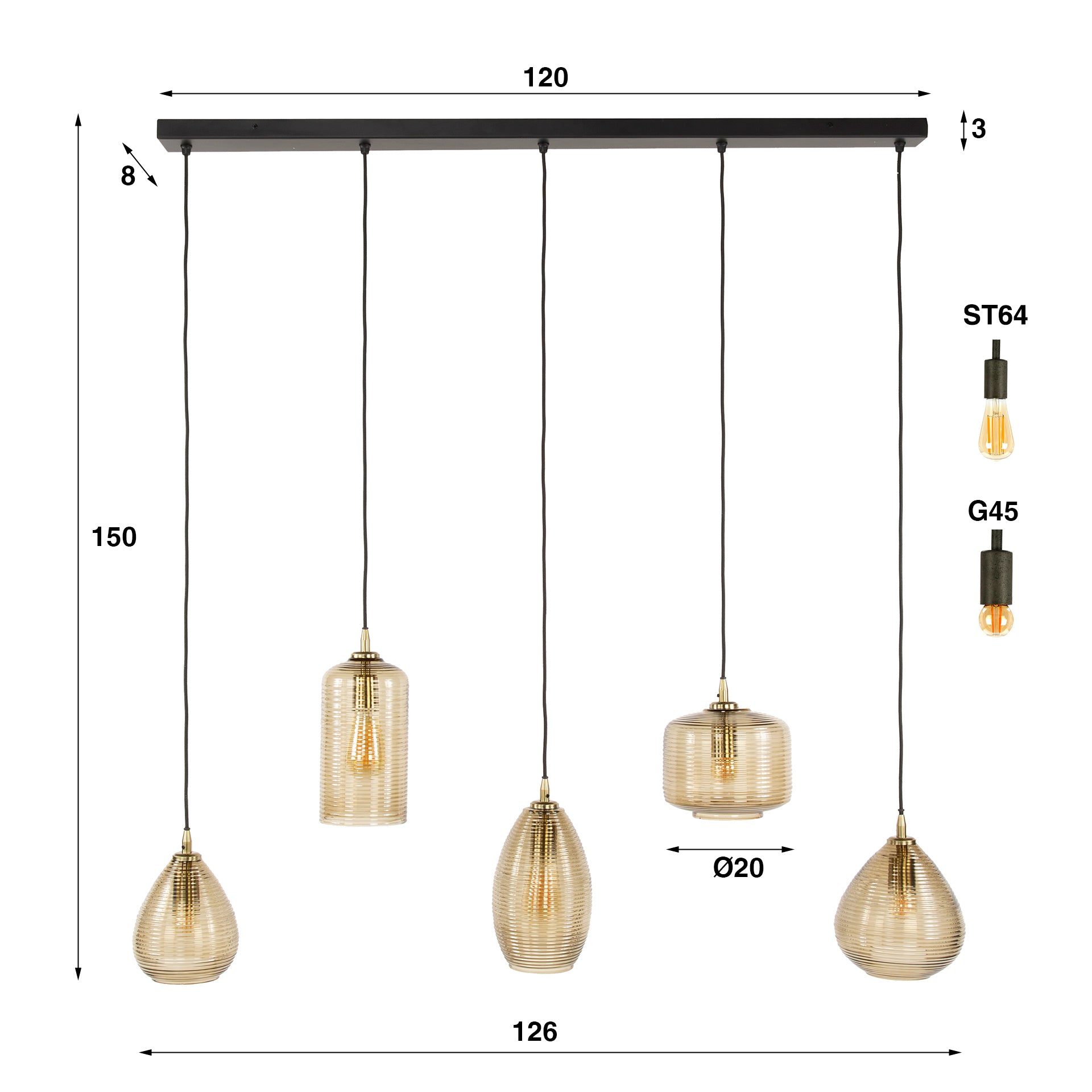 Hanglamp Stripe Horizontal | 5-Lichts | Smoke bruin glas