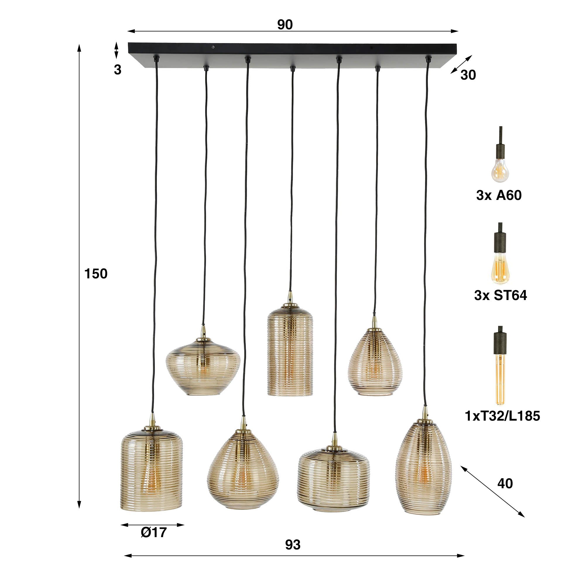 Hanglamp Stripe Horizontal | 4+3-Lichts | Amber glas