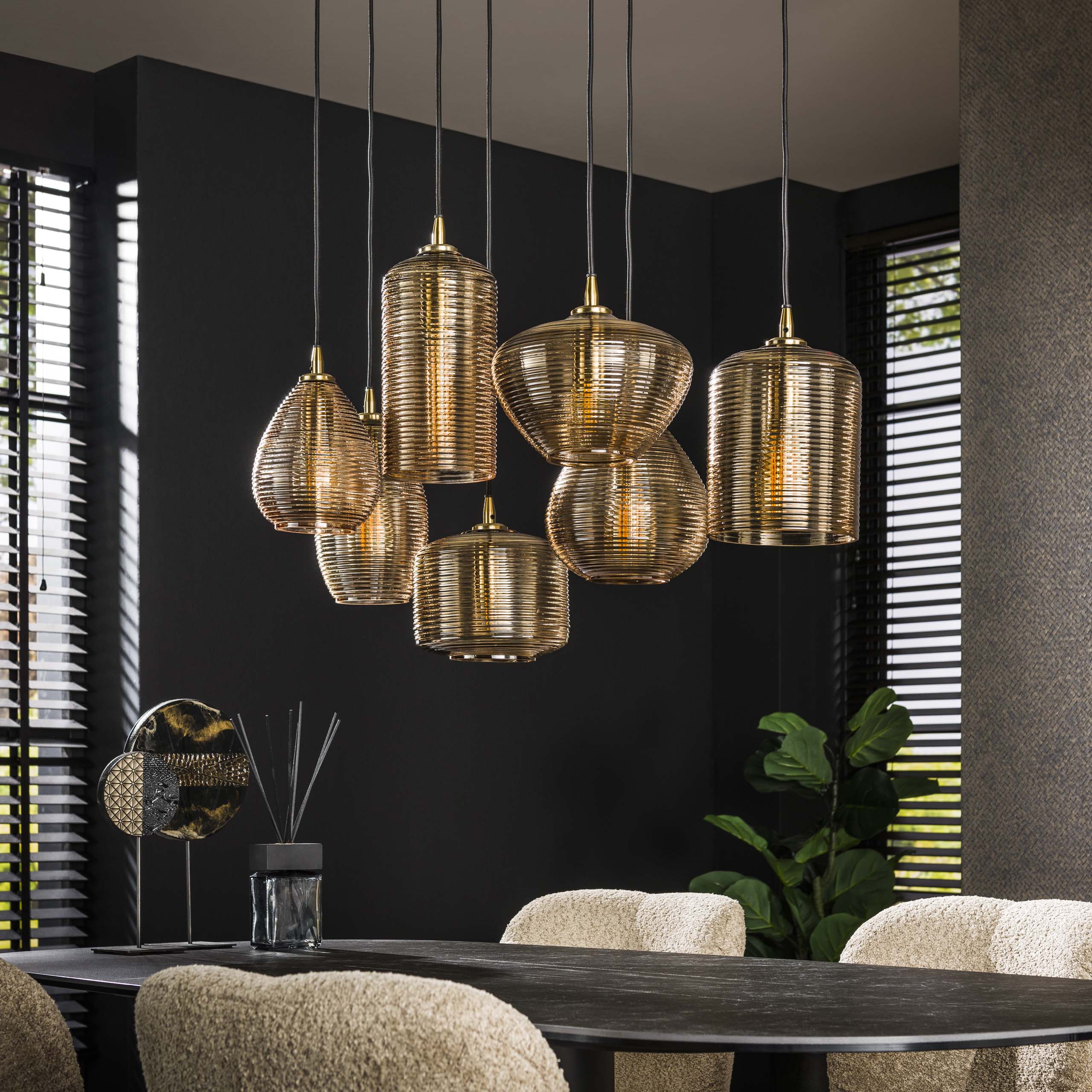 Hanglamp Stripe Horizontal | 4+3-Lichts | Amber glas