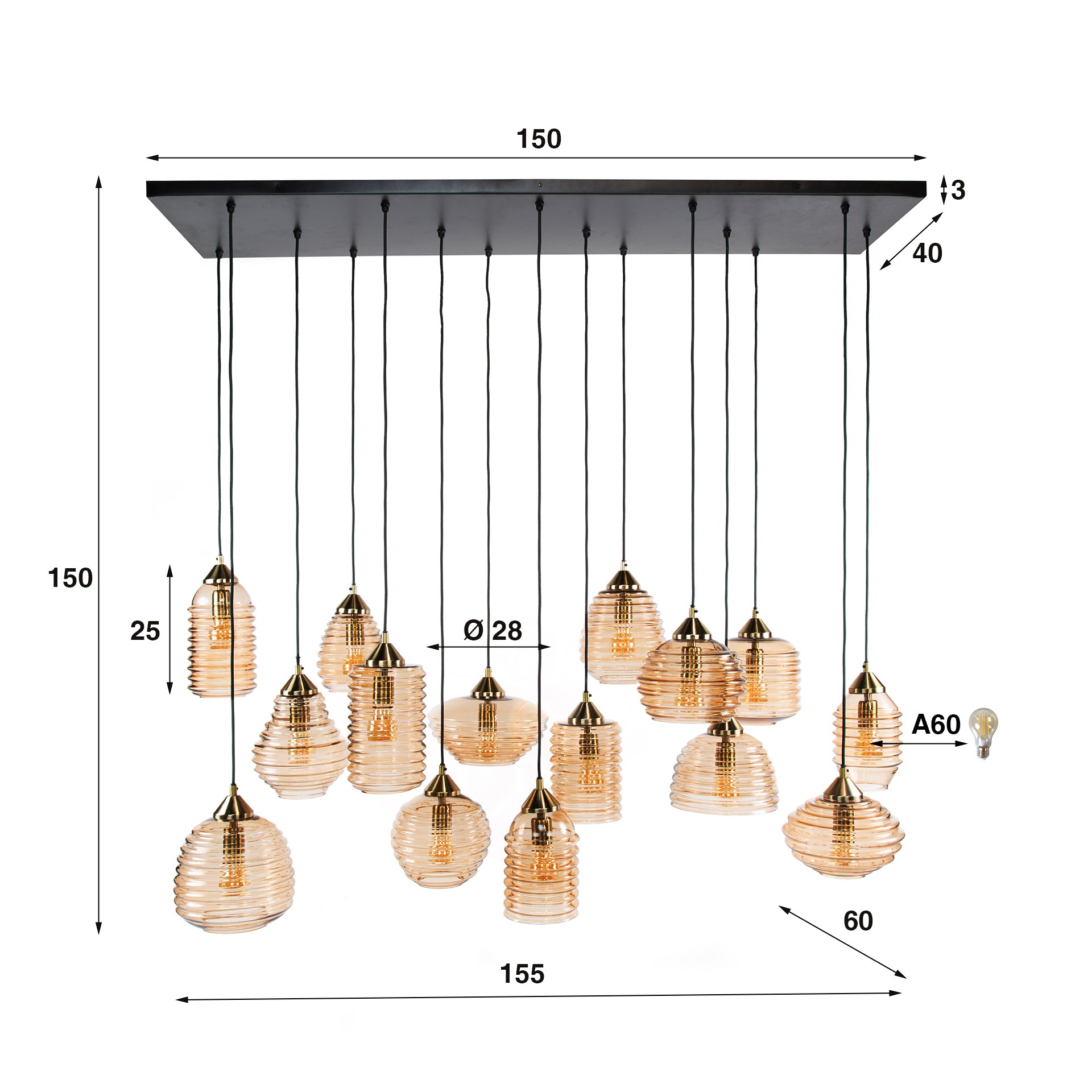 Hanglamp Rib Glass | 15-Lichts | Amber glas