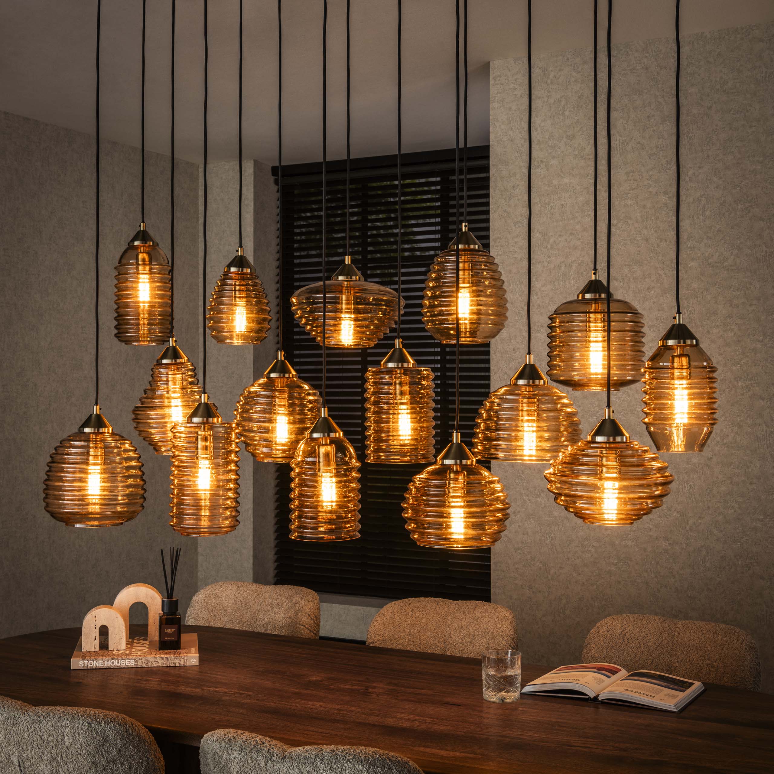Hanglamp Rib Glass | 15-Lichts | Amber glas