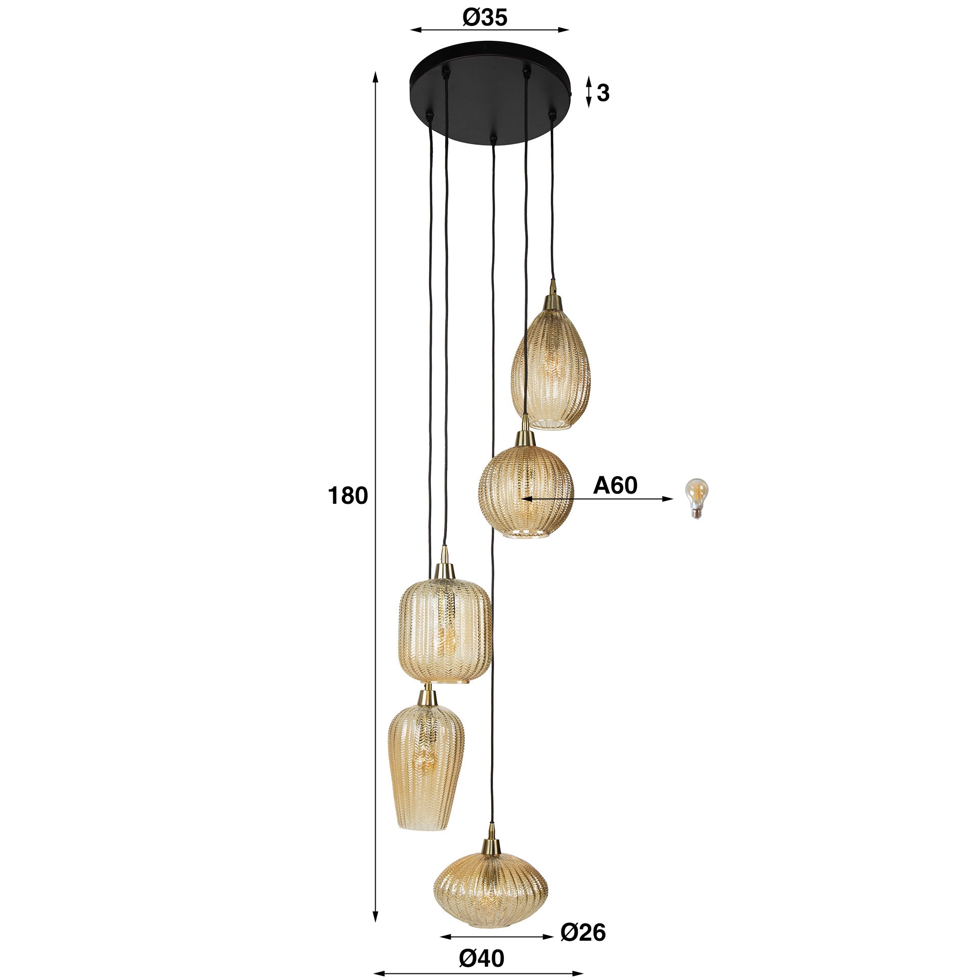 Hanglamp V-Shape | 5-Lichts | Amber glas