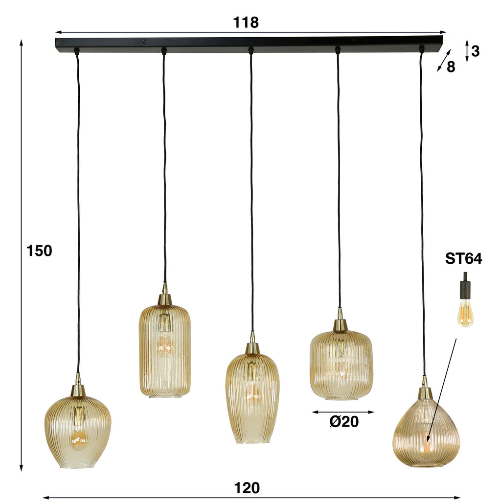 Hanglamp Stripe | 5-Lichts | Amber glas