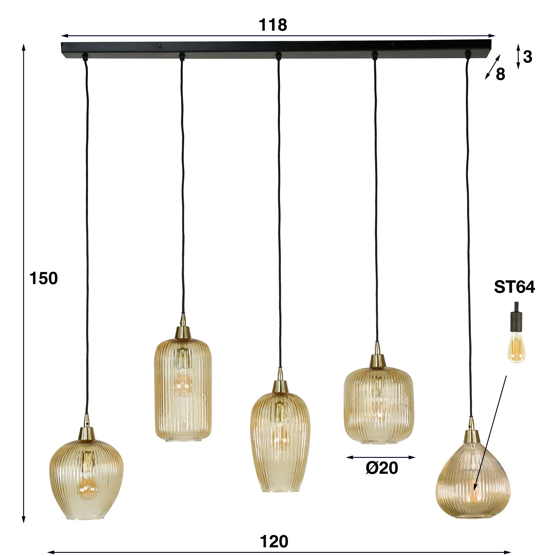Hanglamp Stripe | 5-Lichts | Amber glas