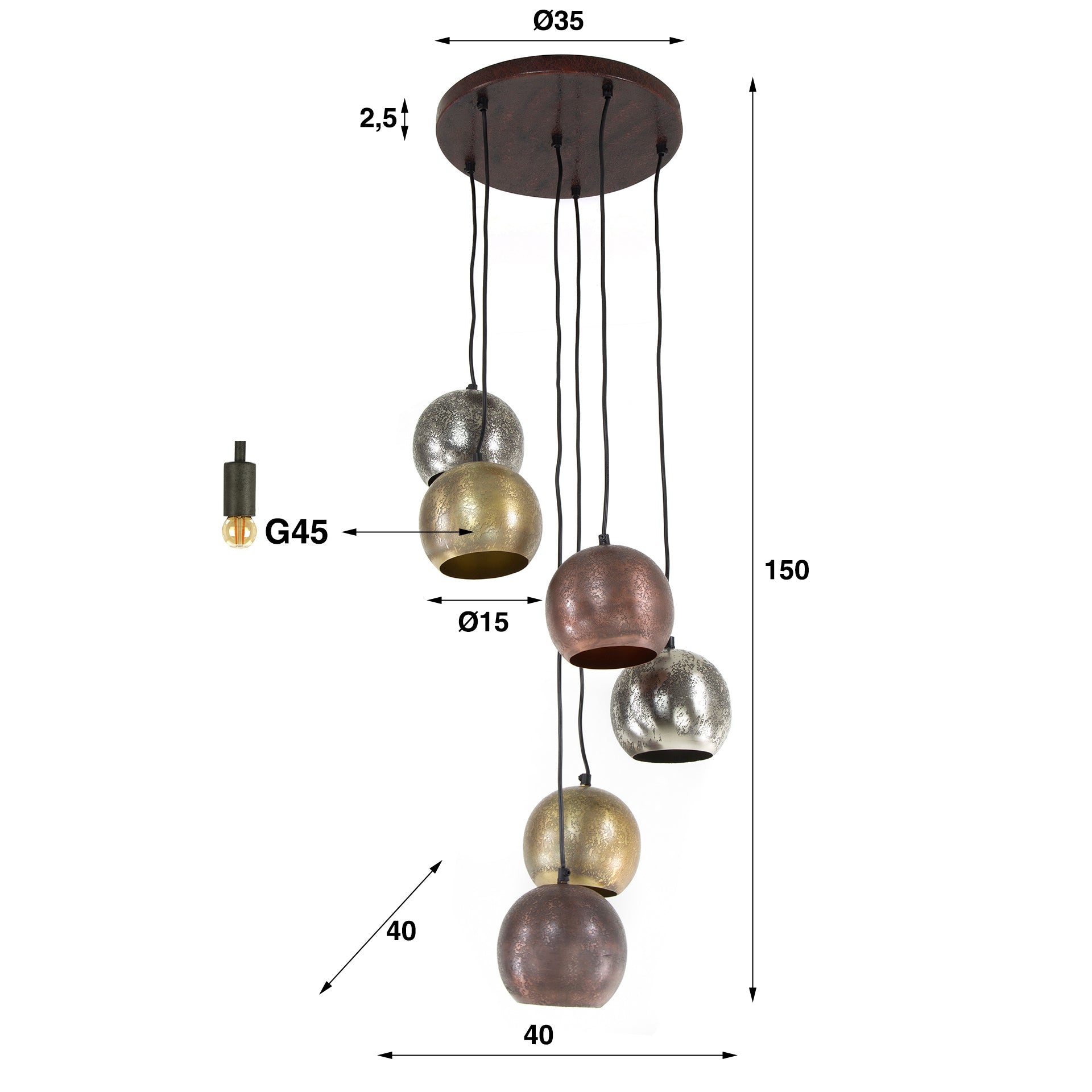 Hanglamp Bol Metal | 6-Lichts | Mat nikkel mix