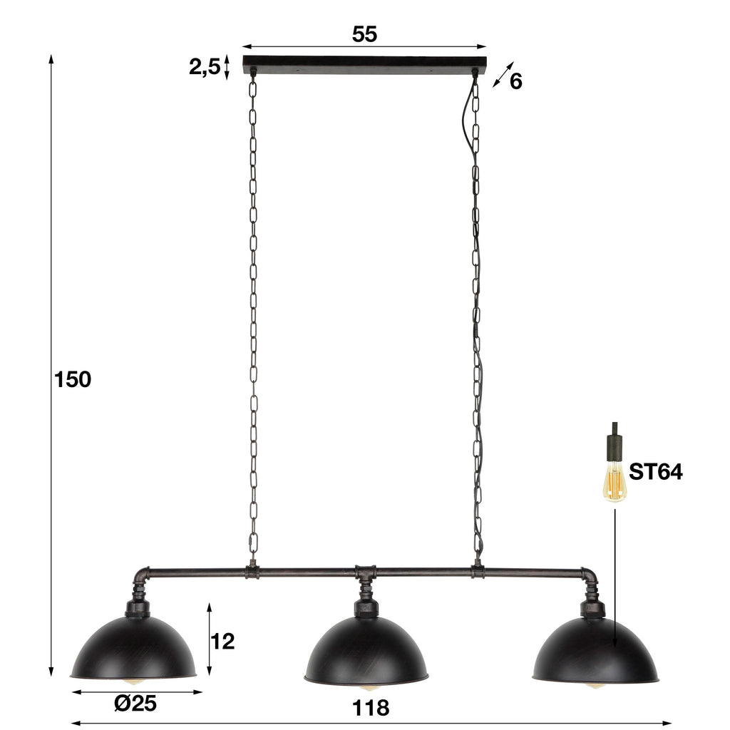 Hanglamp Industrial Tube | 3-Lichts | Zwart