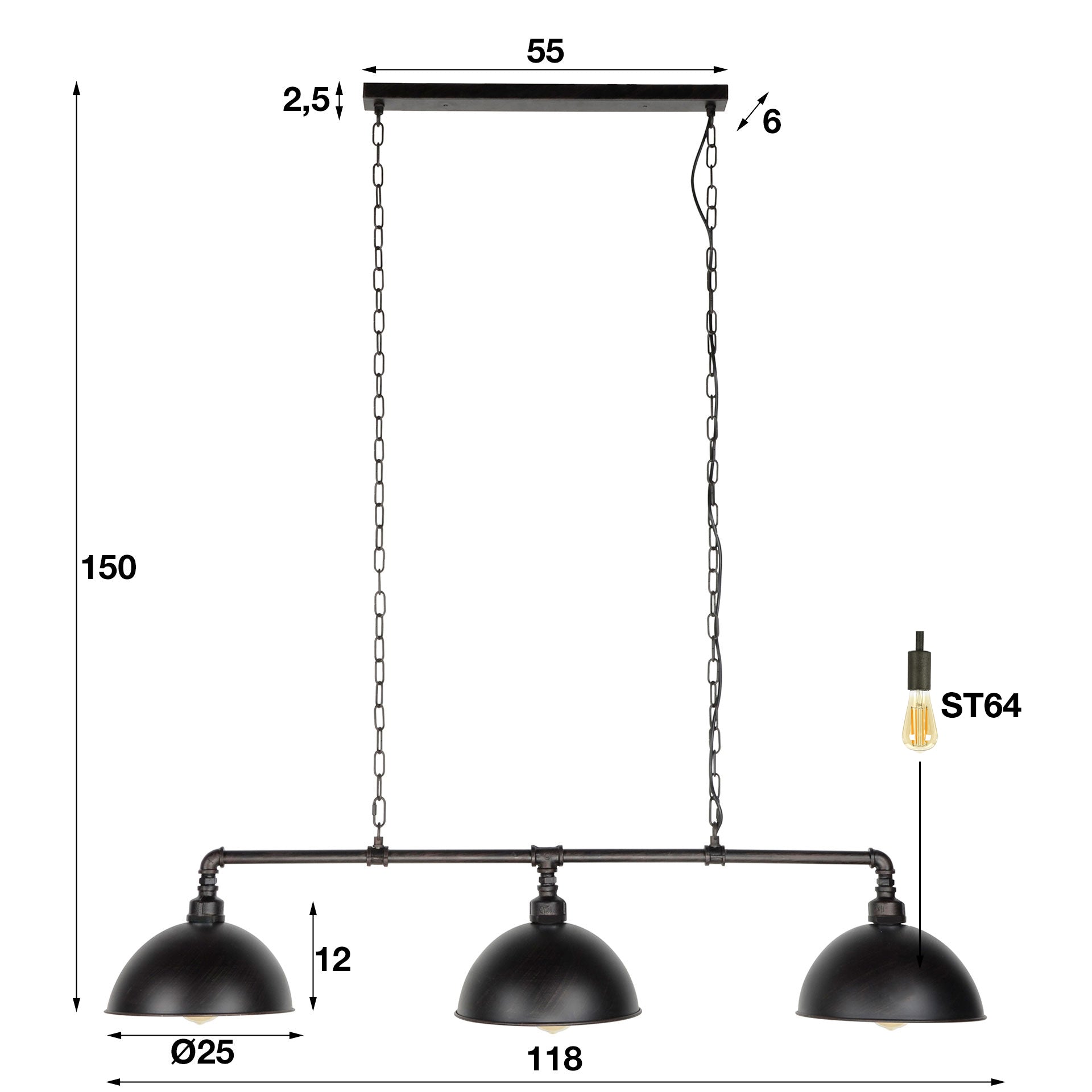 Hanglamp Industrial Tube | 3-Lichts | Zwart