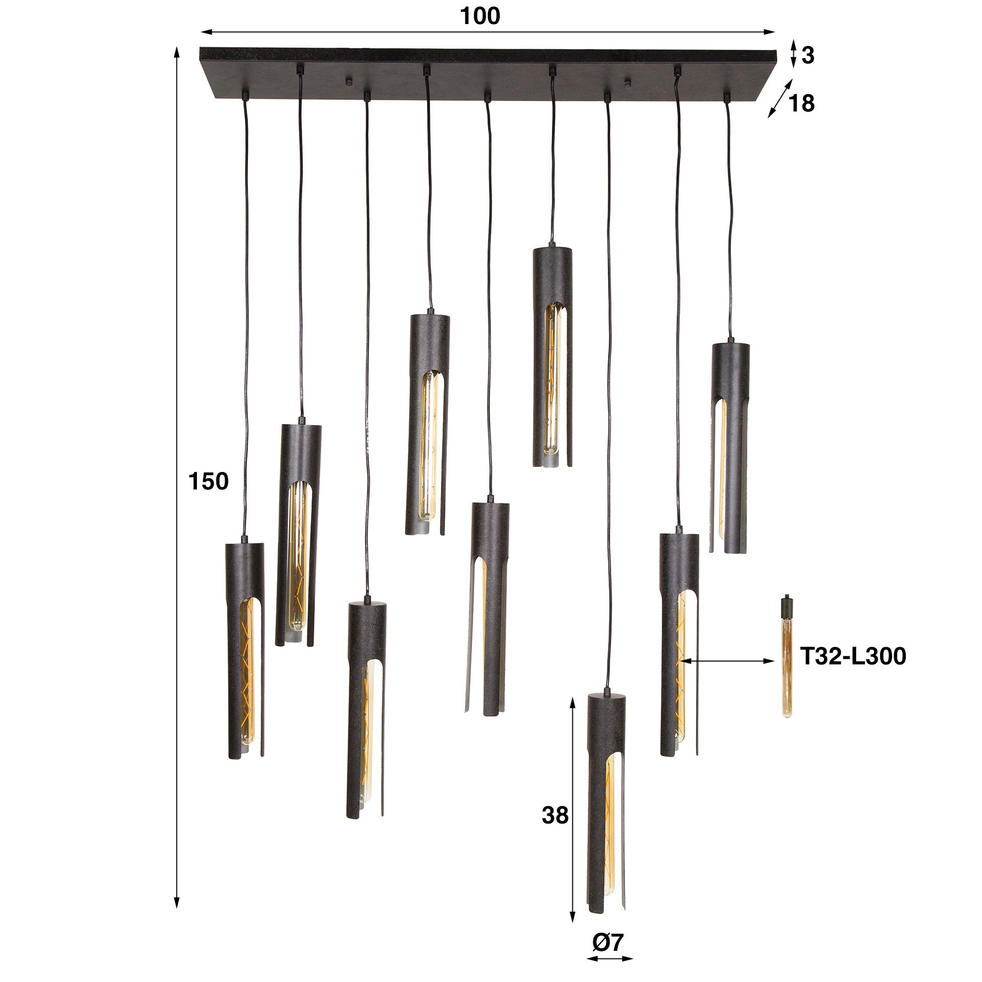 Hanglamp Tube | 5+4-Lichts | Artic zwart