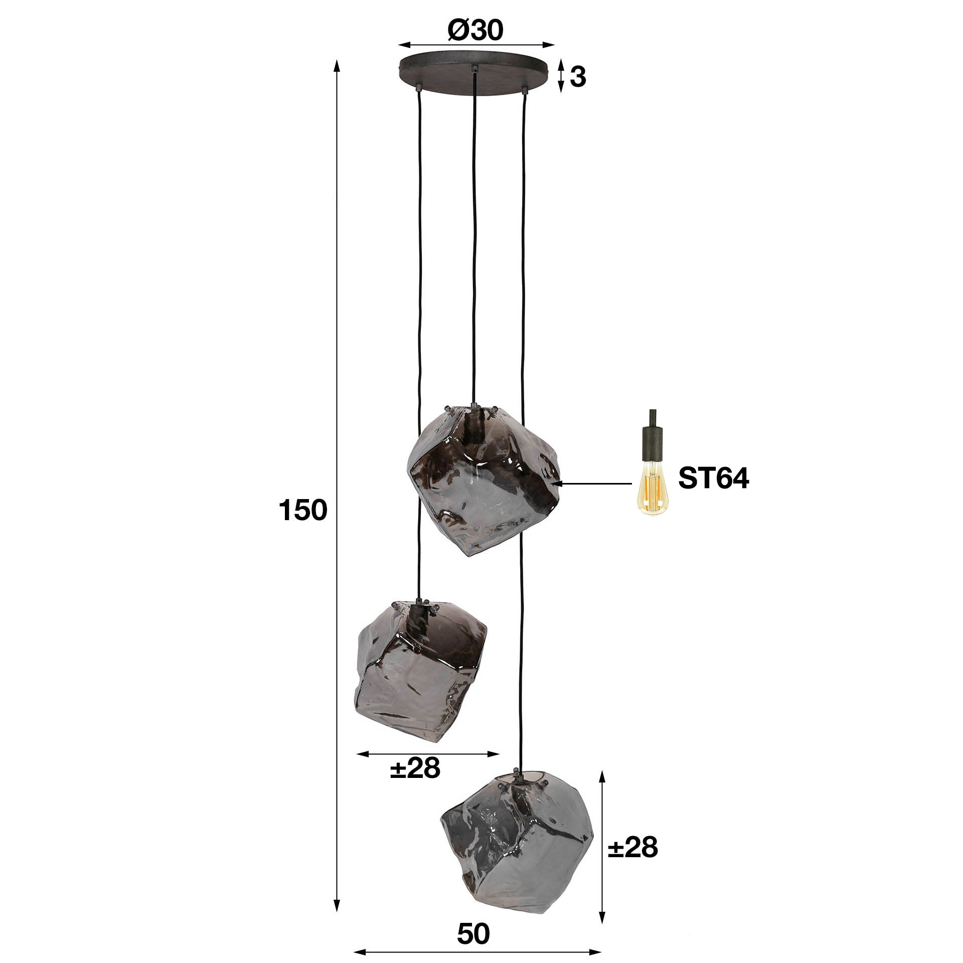 Hanglamp Rock | 3-Lichts | Getrapt | Chroom glas