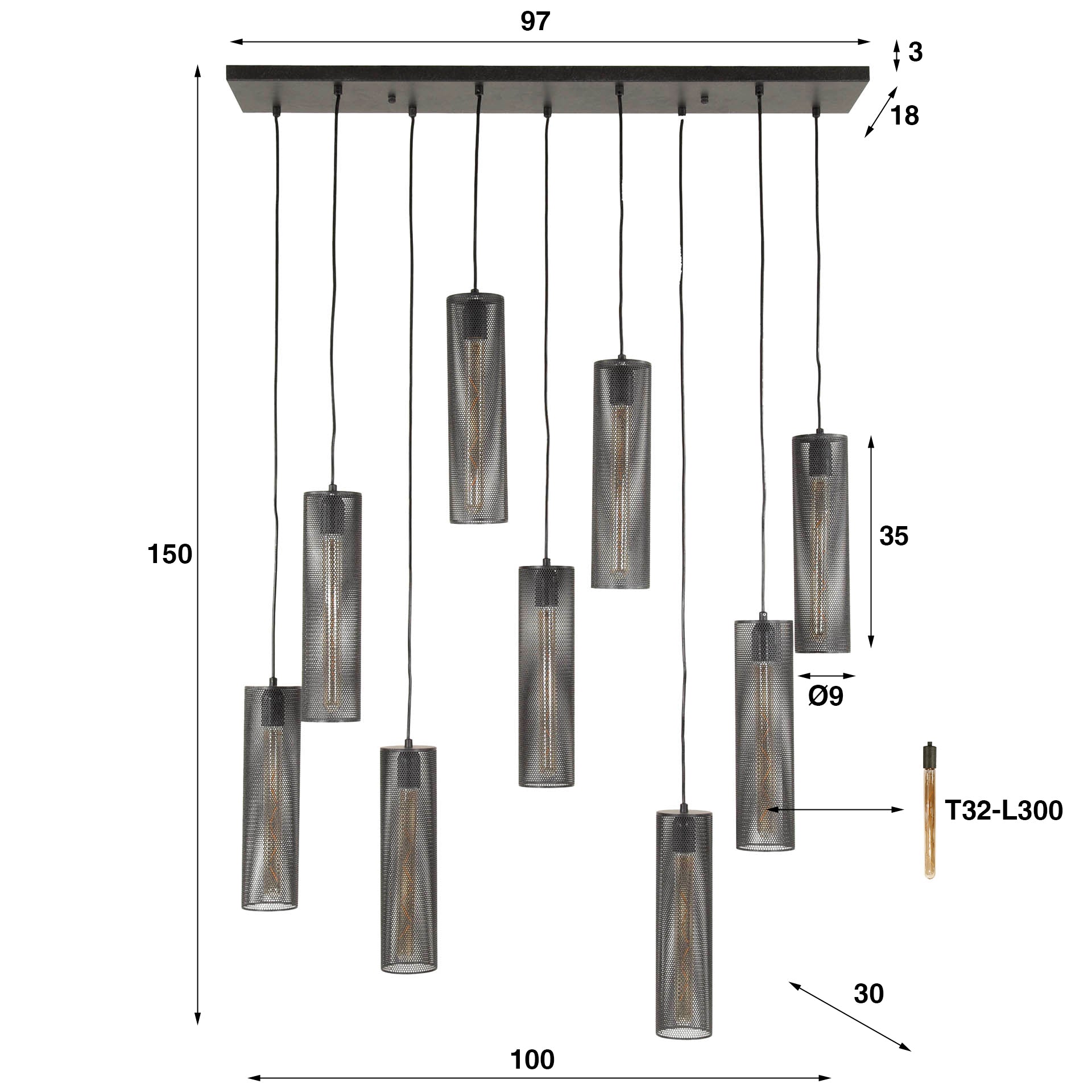 Hanglamp Tube Mesh | 5+4-Lichts | Artic zwart