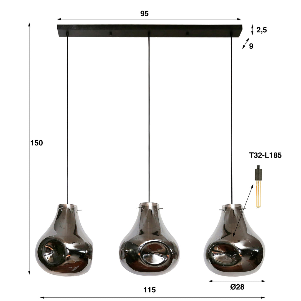 Hanglamp Dent Glass | 3-Lichts | Artic zwart