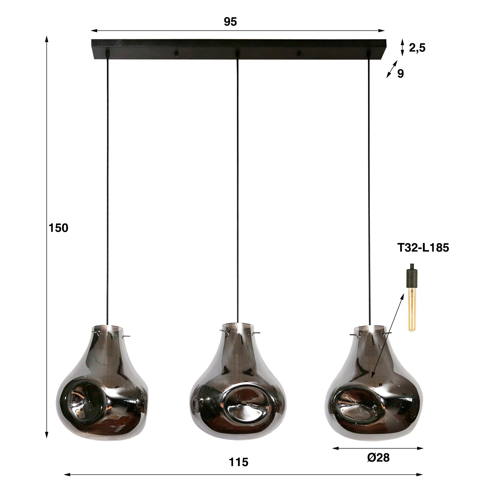Hanglamp Dent Glass | 3-Lichts | Artic zwart