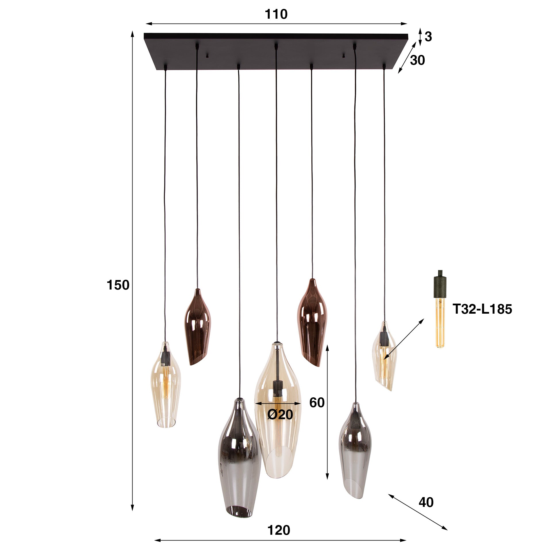 Hanglamp Cocoon | 4+3-Lichts | Zwart