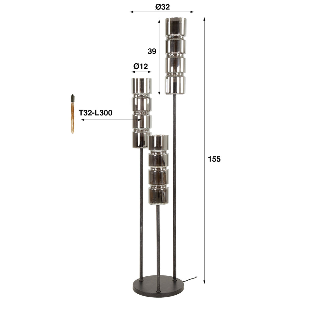 Vloerlamp Cylinder Glass | 3-Lichts | Artic zwart