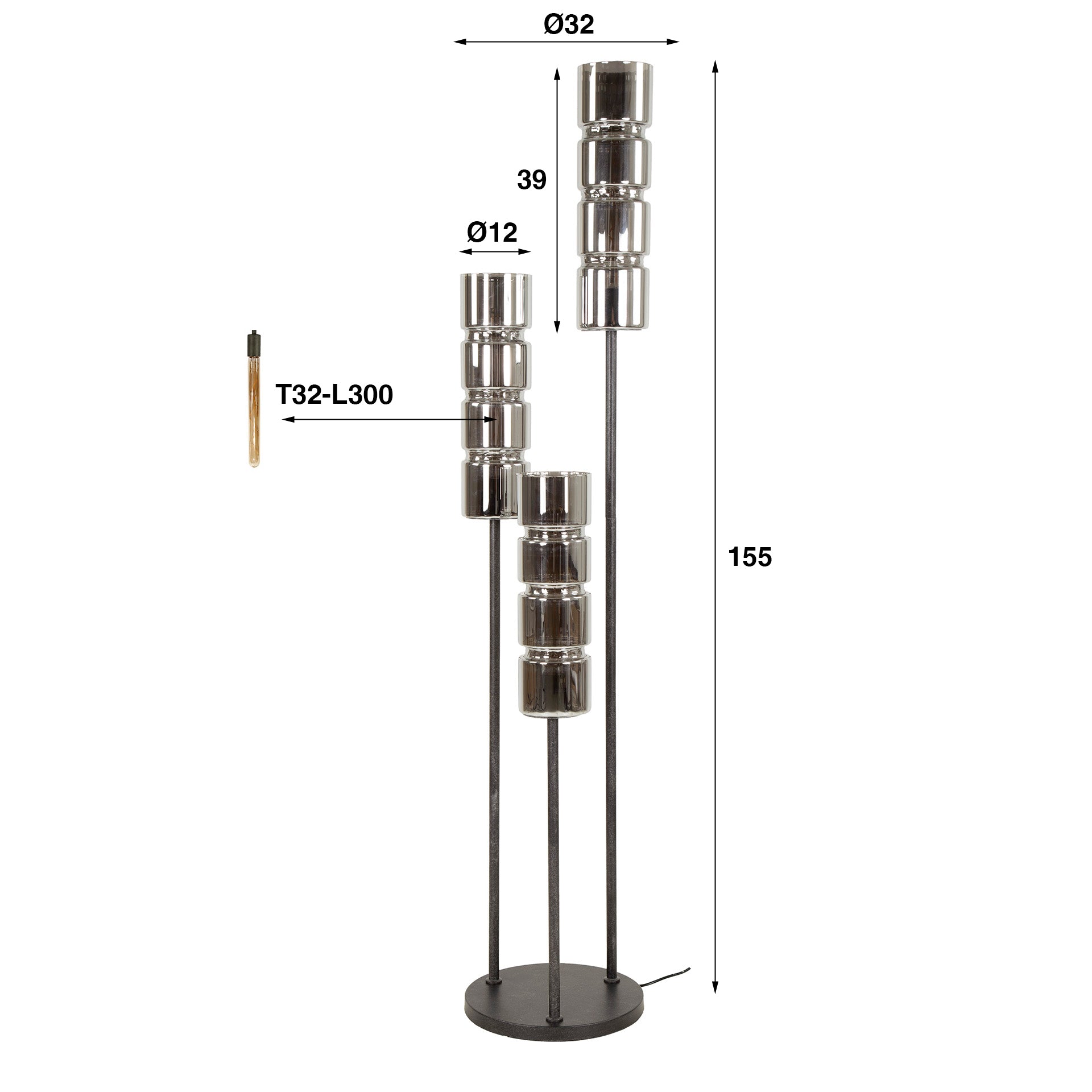 Vloerlamp Cylinder Glass | 3-Lichts | Artic zwart