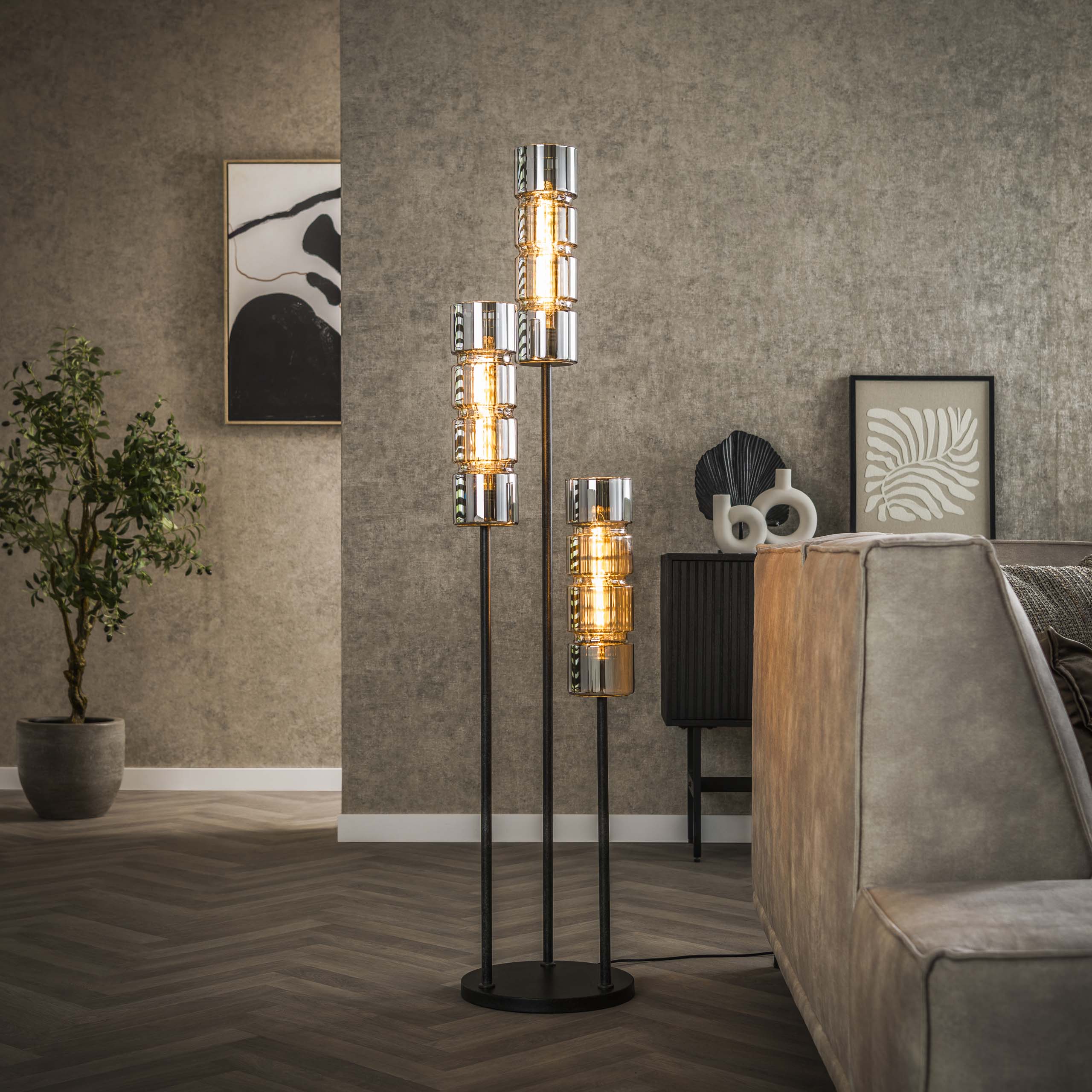 Vloerlamp Cylinder Glass | 3-Lichts | Artic zwart