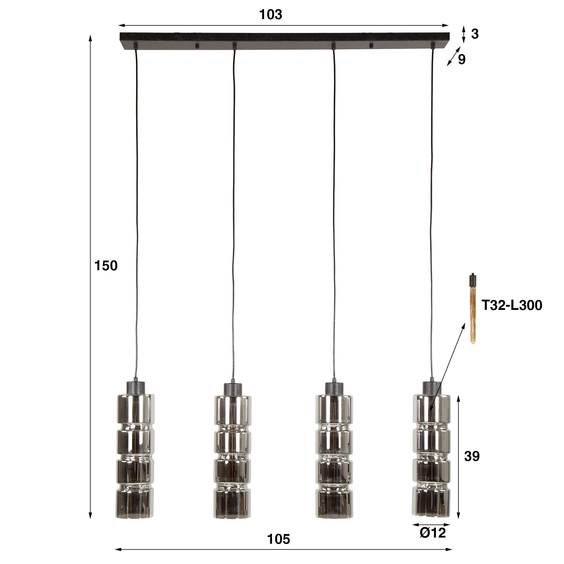 Hanglamp Cylinder Glass | 4-Lichts | Artic zwart