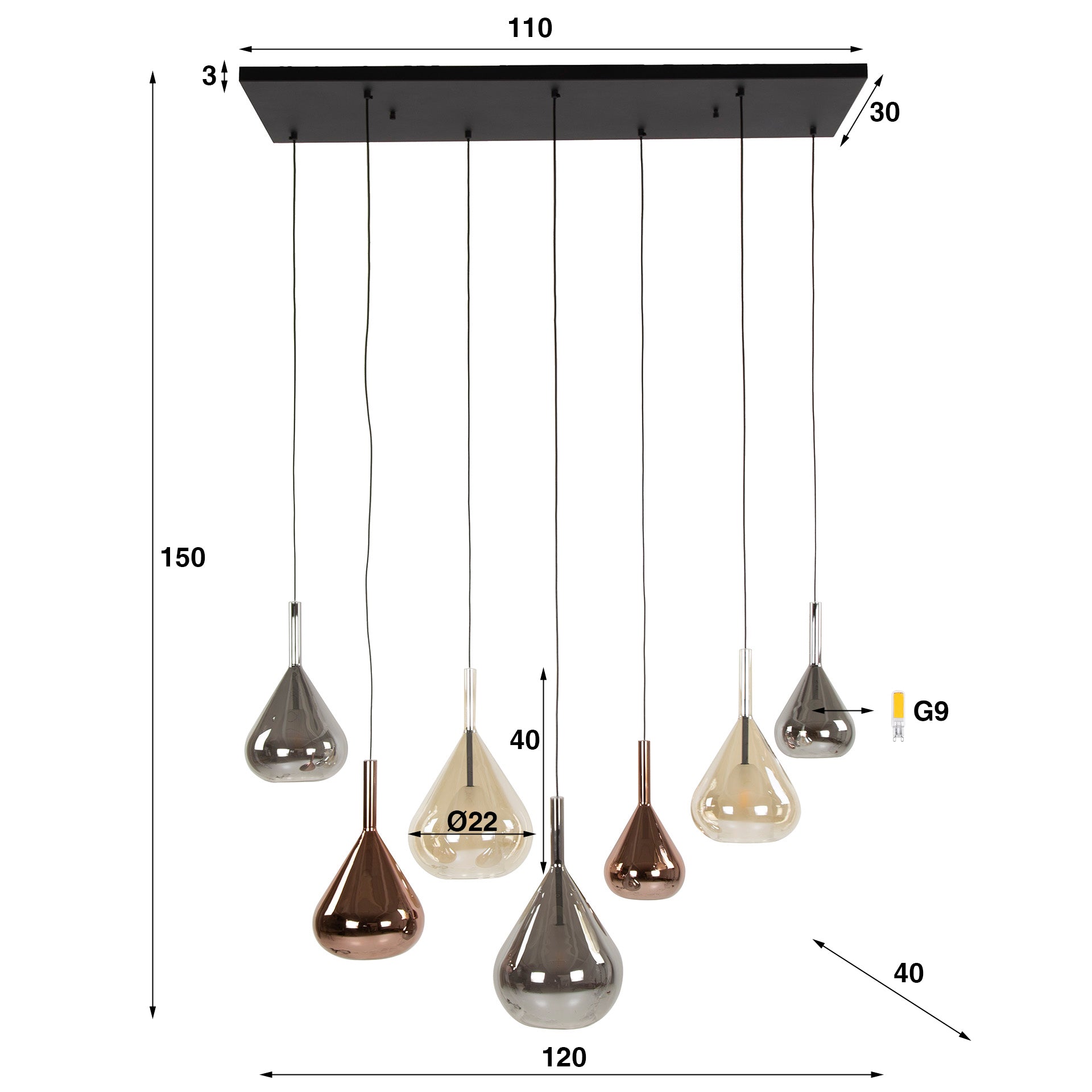 Hanglamp Wings | 4+3-Lichts | Zwart